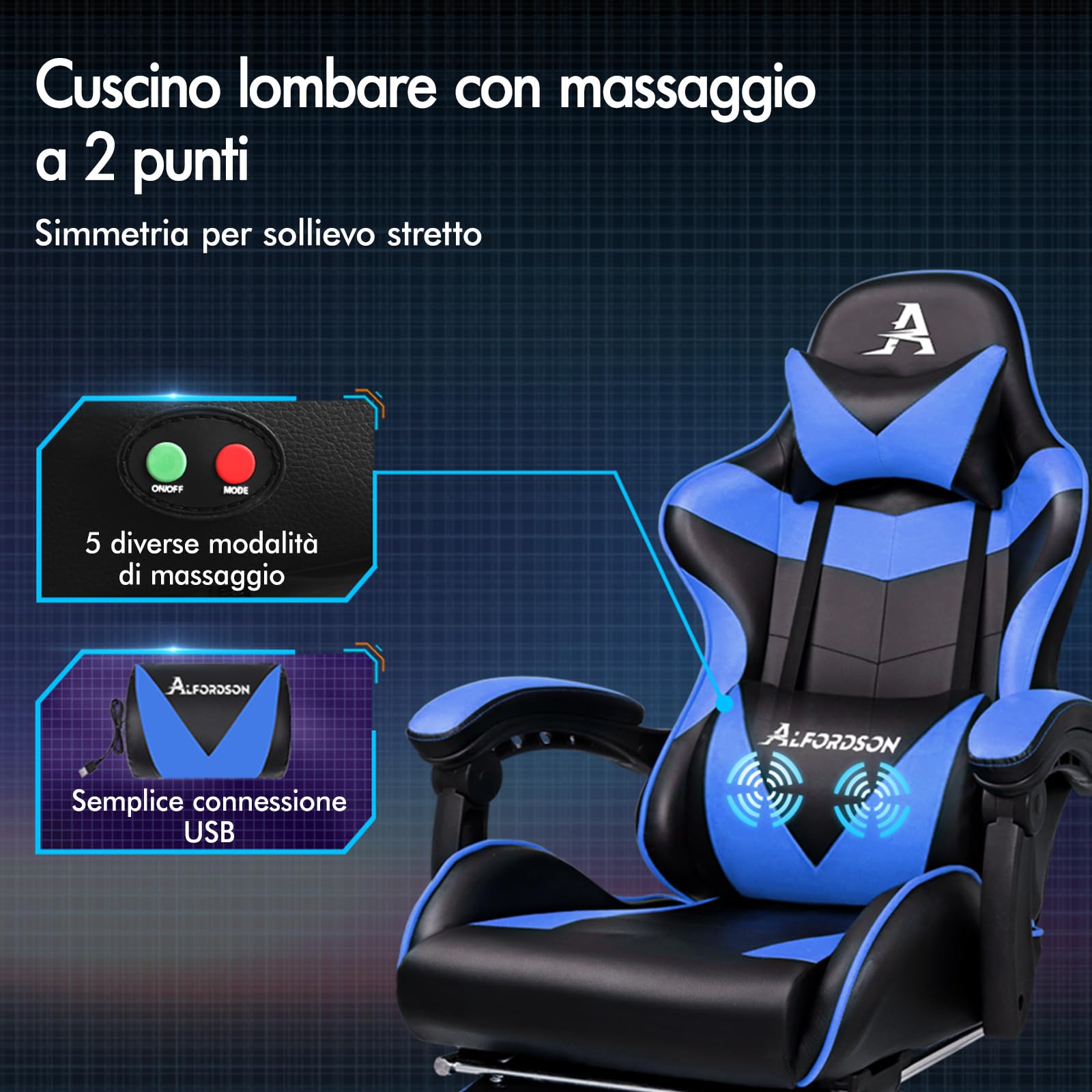 ALFORDSON Sedia Gaming Massaggiante, Sedia Gamer Professionale, Cuscino Lombare & Poggiatesta, Poltrona Ergonomica da Ufficio con Poggiapiedi, Portata 180 kg, Regolabile 90-150°, Similpelle(Blu)