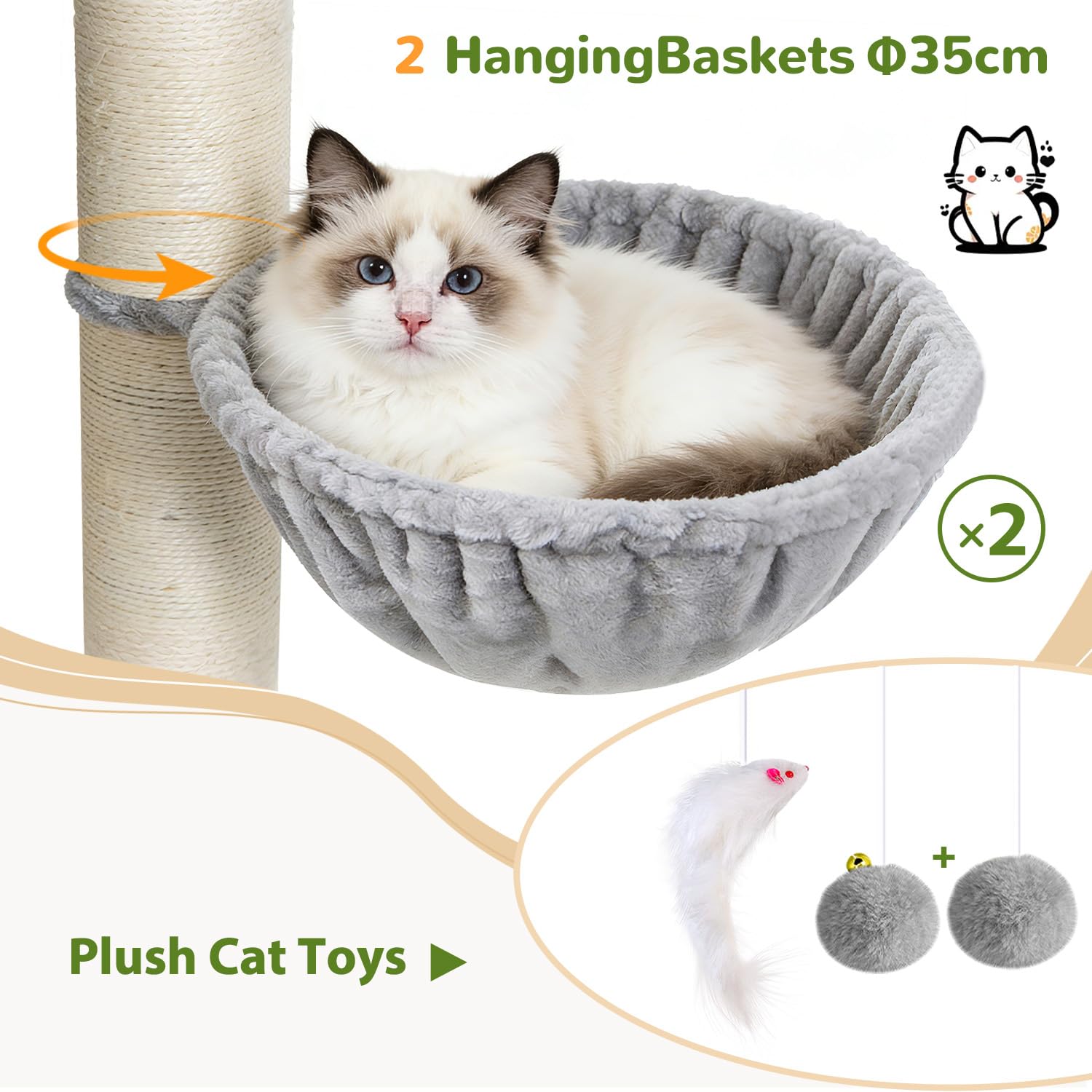 Globlazer Tiragraffi per gatti adulti xxl maine coon con Pali Sisal φ 11 cm, 2 Extra-large Grotte 50*35*30cm, Zona relax imbottita, Stabilizza tiragraffi per gatti grandi 170 cm (S67, Grigio Chiaro)