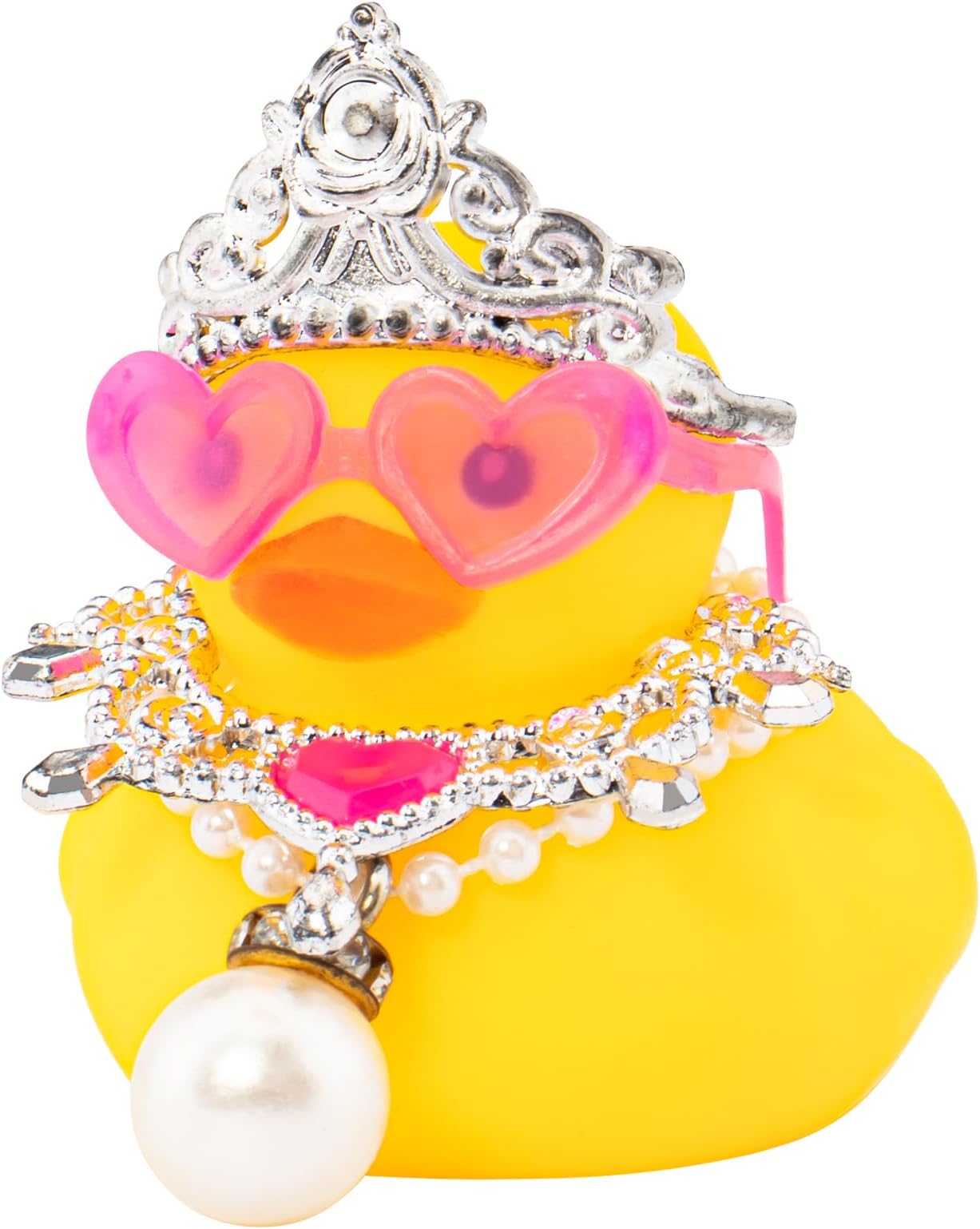 wonuu Car Decorations Rubber Ducks, Dashboard Crown Rubber Ducky for Car Ornament Cute Duck with Crown, Glasses, Necklace, Silver Pearl Jewelry Necklace