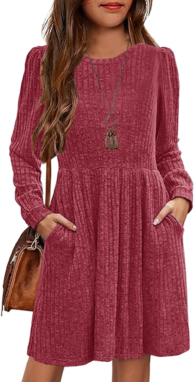 HOSIKA Girls Knit Dress Fall Long Sleeve Crew Neck Plain A-line Casual Dresses with Pockets for 6-12 Y