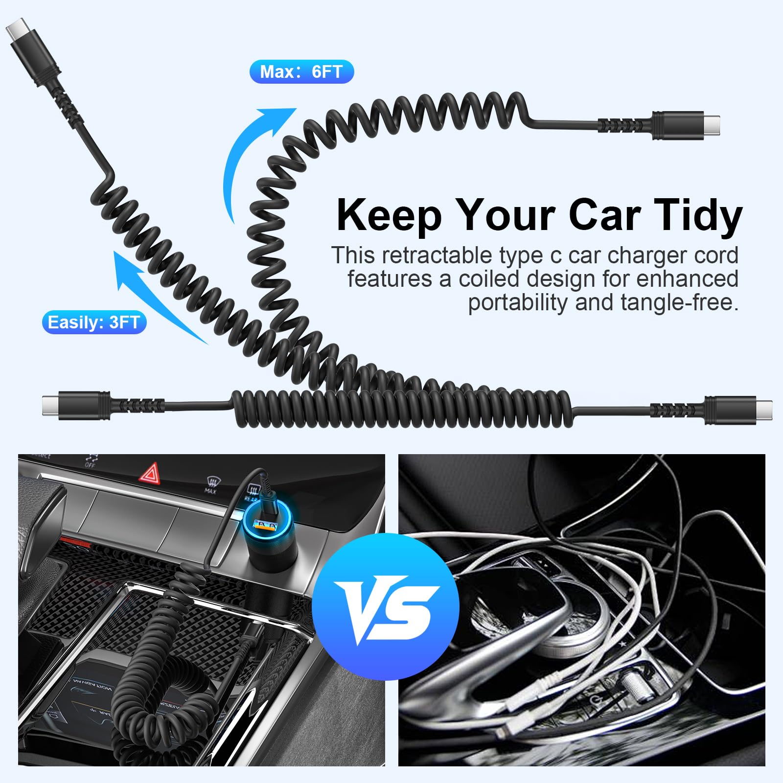 Cable de carga USB C a USB C, paquete de 4 cables de carga USB C en espiral para coche, cable de carga rápida tipo C a C de 6 pies de largo para teléfono/Android Auto/iPhone Samsung Galaxy/Carplay