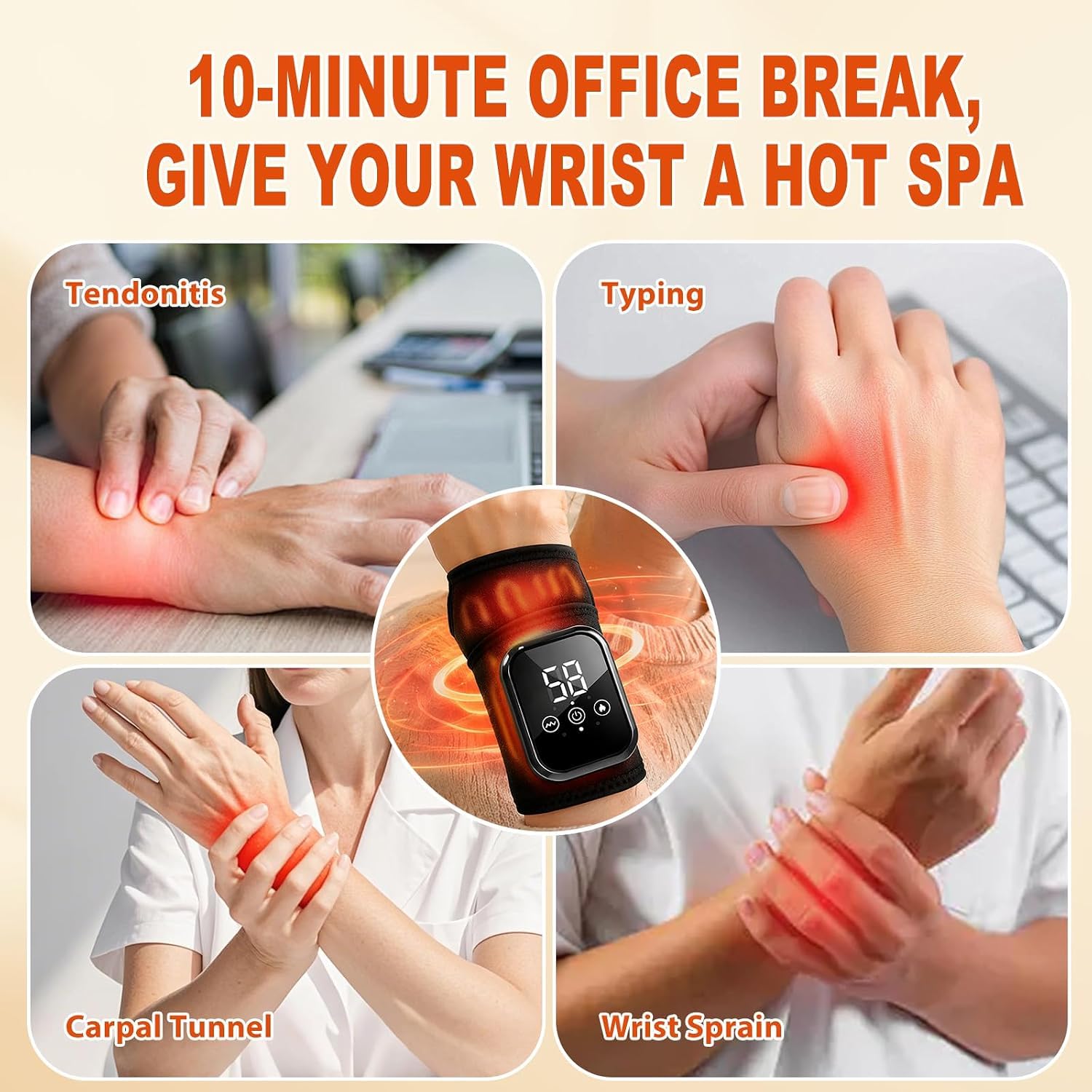 Masajeador de manos con función de calor, muñequera ajustable inalámbrica con 5 modos de masaje y 3 niveles de temperatura, alivio del síndrome del túnel carpiano, artritis y tendinitis，Negro
