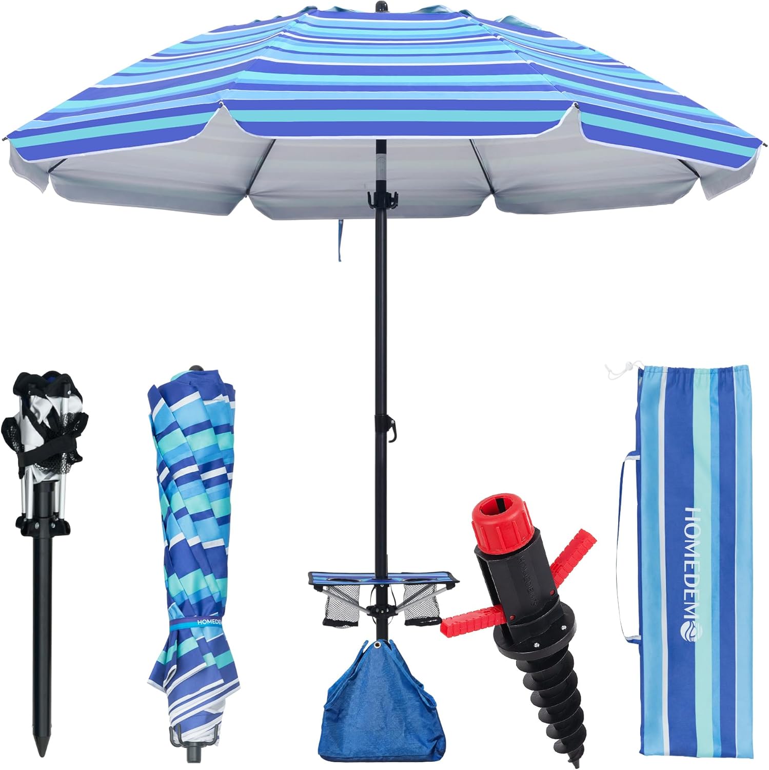 HOMEDEMO 8FT Large Beach Umbrella with Weight Bag & Sand Anchor, Outdoor Umbrellas with Adjustable Aluminum Pole and Table, Heavy Duty Windproof & UPF 50+