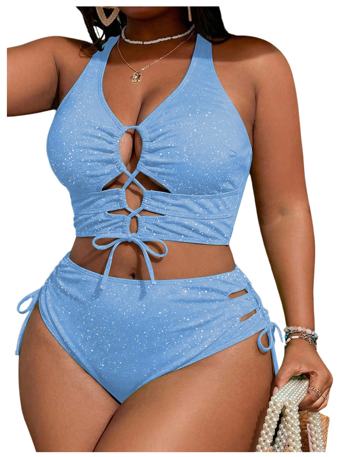 SOLY HUX Women's Plus Size Bikini Set Sexy Swimsuit Lace Up Tummy Control 2 Piece Bathing Suit