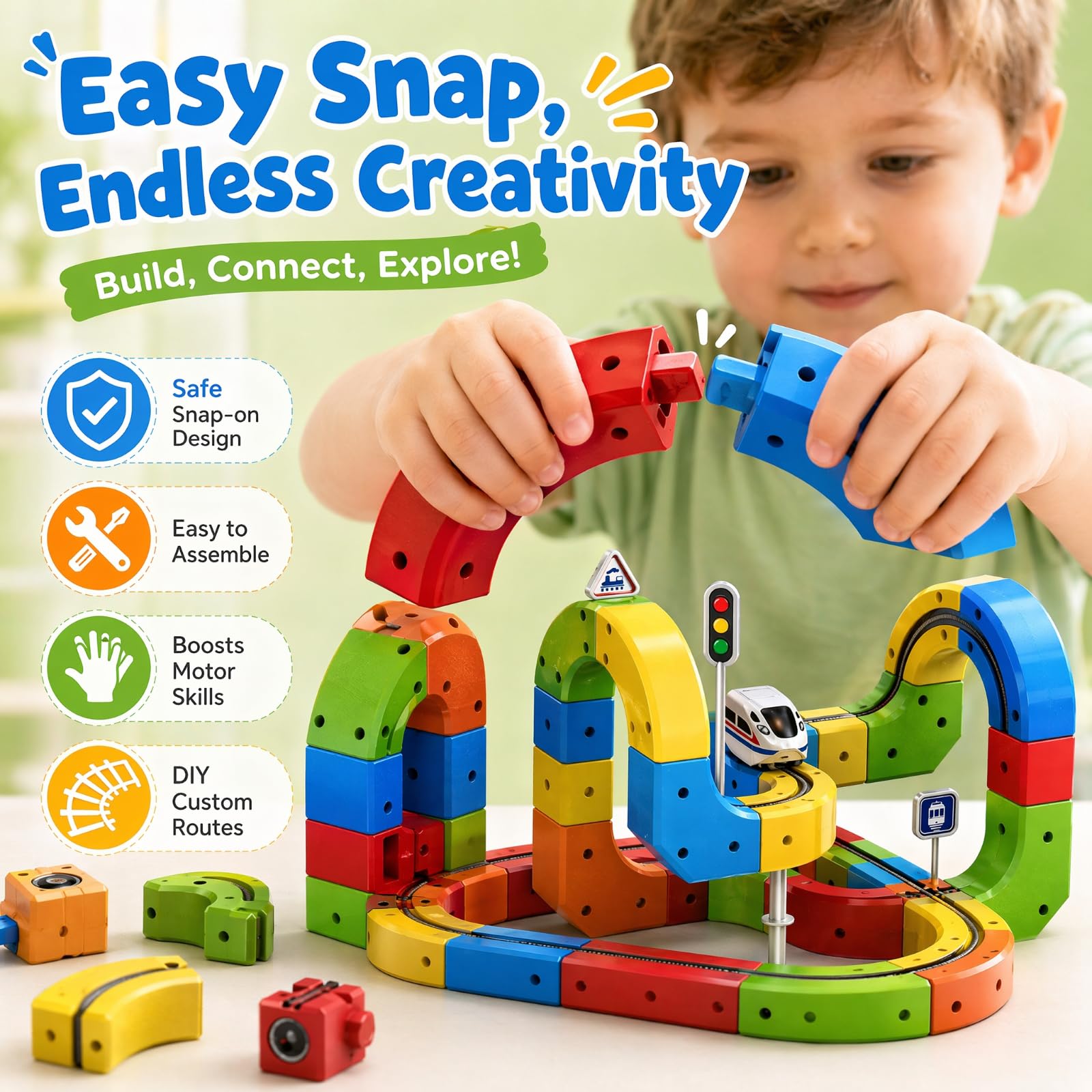 Juego de ferrocarriles eléctricos, 81 unidades, flexible, juego de pistas de tren DIY | Con bloques de pista en forma de cubo con un diseño 3D que supera la gravedad, regalo de juguete de tren a partir de 3 años