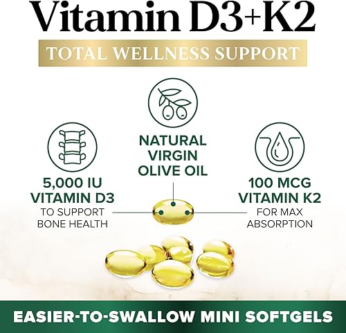 Miniatura 3 de Vitamina D3 K2 5000 UI Plus con K2 (MK-7) 100 mcg - Suplemento complejo de vitaminas D y K para huesos, dientes, músculos, absorción de calcio,