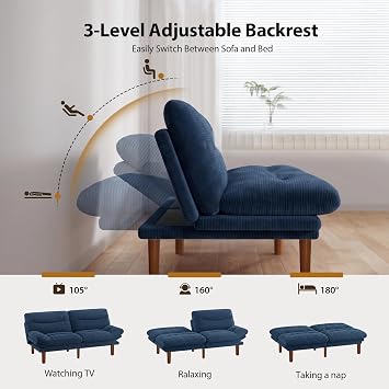 PERLECARE Convertible Futon Sofa Bed, 66 Corduroy Futon Couch with Adjustable Backrest and Armrests, 3-in-1Recliner Sleeper Sofa for Small Spaces, Play Room,Living Room or Office(66 in,Blue)