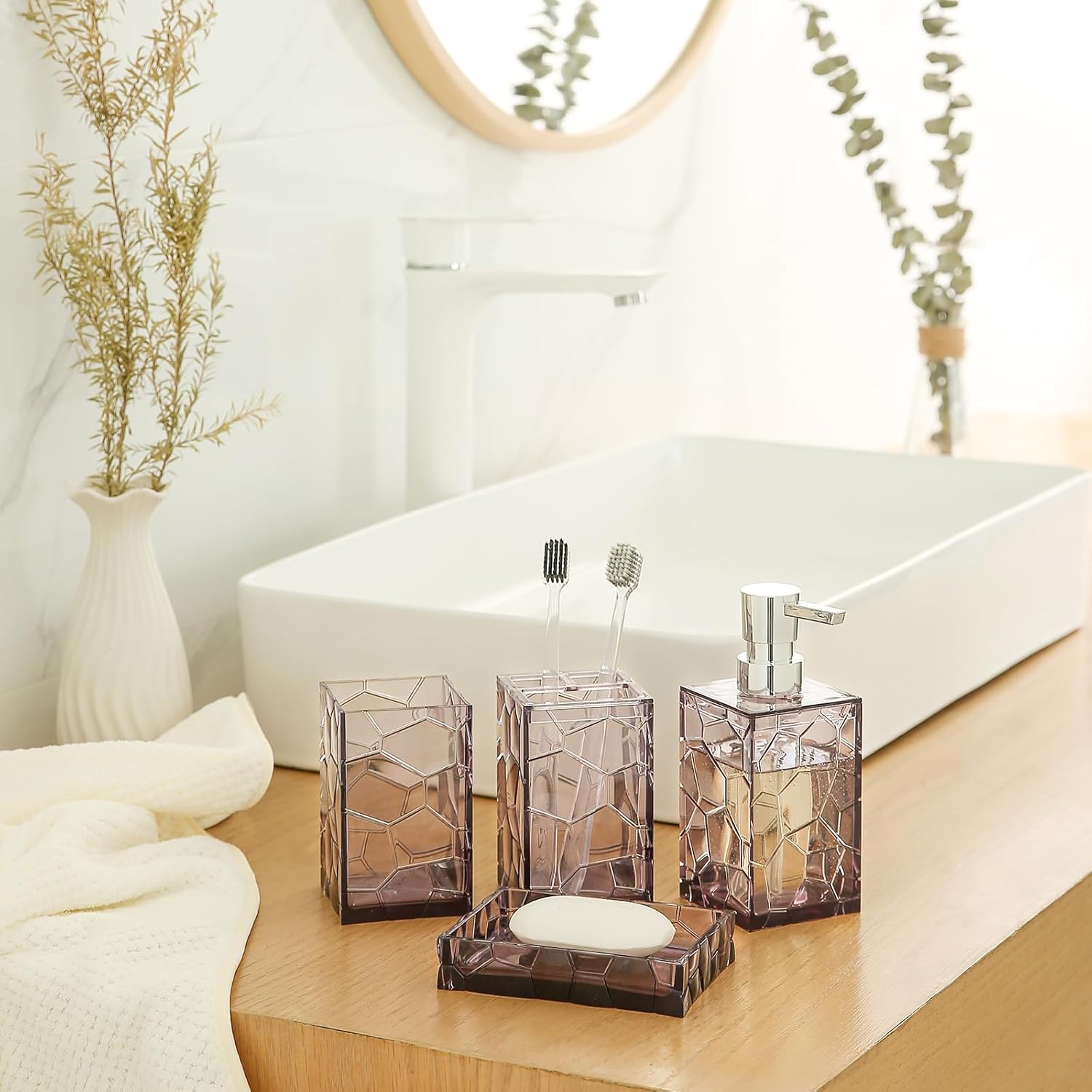 Clear Acrylic Bathroom Accessories Set - Rust-Free, Transparent Design - Includes Soap Dispenser, Toothbrush Holder, Cup, Soap Dish, and Toilet Brush 5-Piece (Lavender Purple)