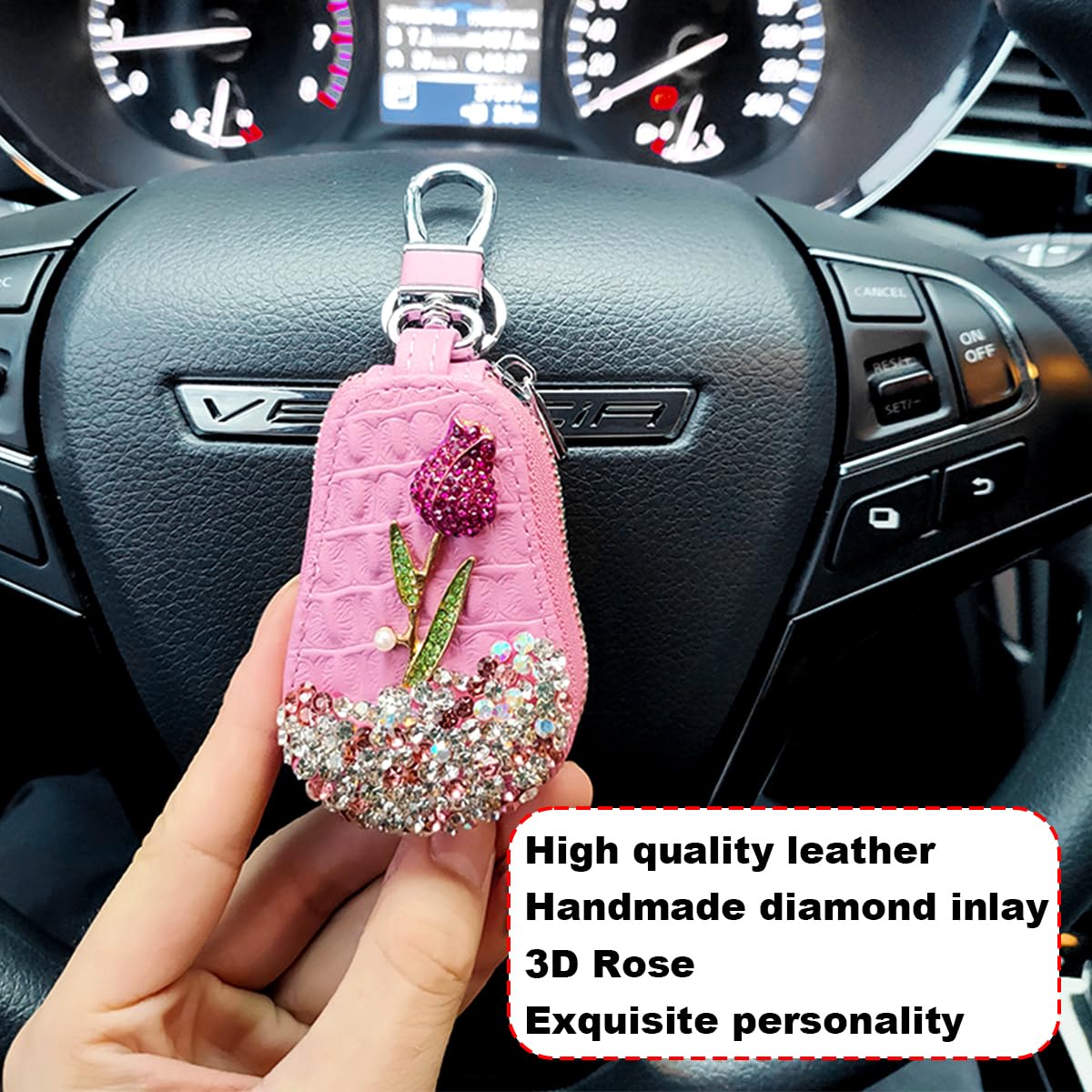 Mandark Bling Car Key Case - Genuine Leather Key Fob Protector With Rhinestones & Rose Design - View #6