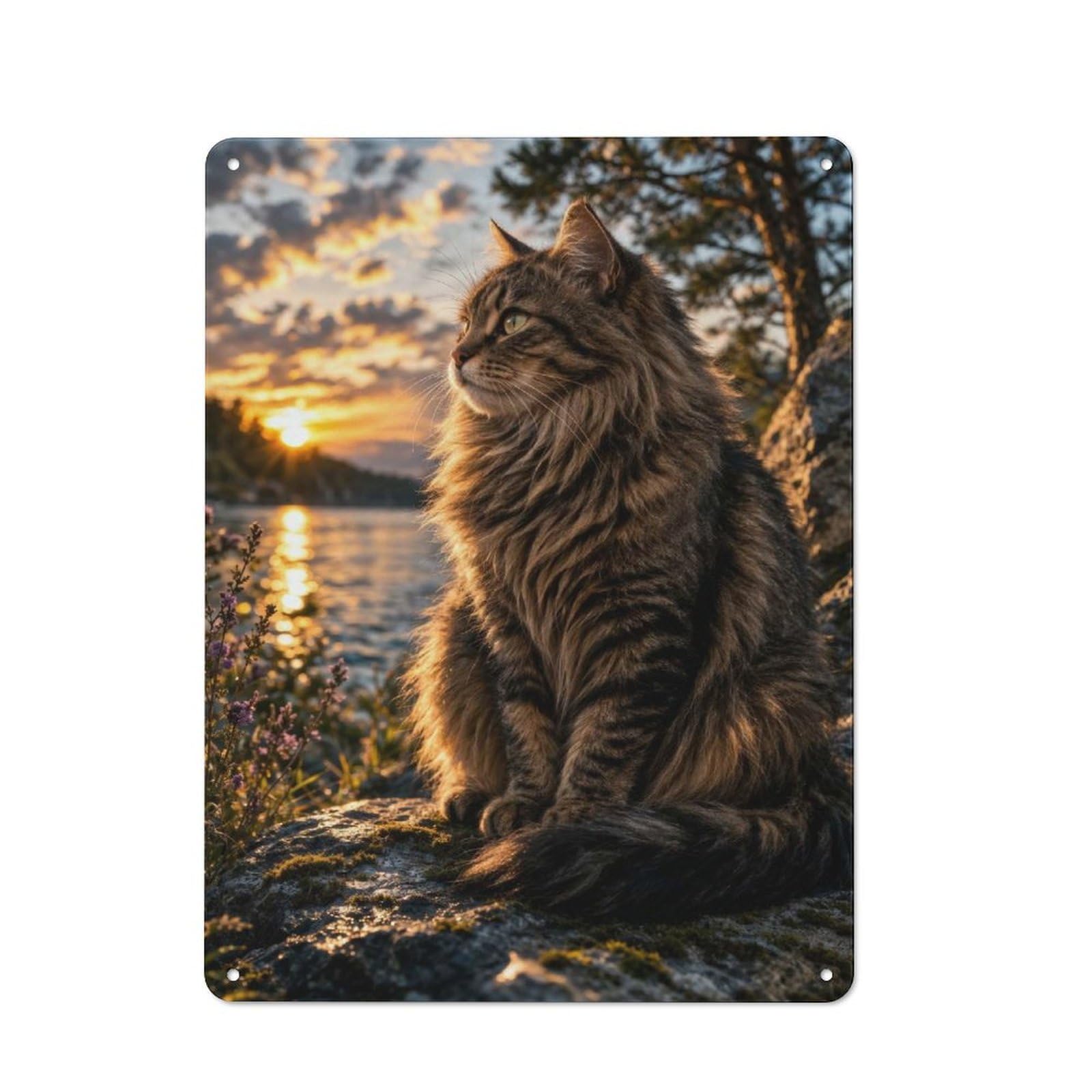 Junmoney Style-12 Workshop Style Cat At Sunset By The Lake Tin Sign 40X30cm, Garage Wall Decor For Tool Room, Garage, Studio Or Home Bar