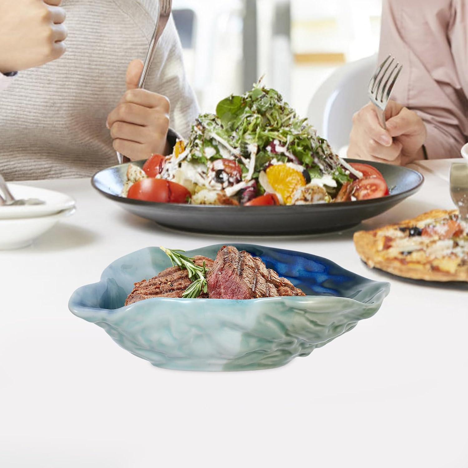 Alipis Oyster Shell-shaped Ceramic Salad Serving Dish 8-inch Porcelain Fruit Plate for Appetizers and Small Portions, Green Dragon Pattern, Decorative Dining Tableware