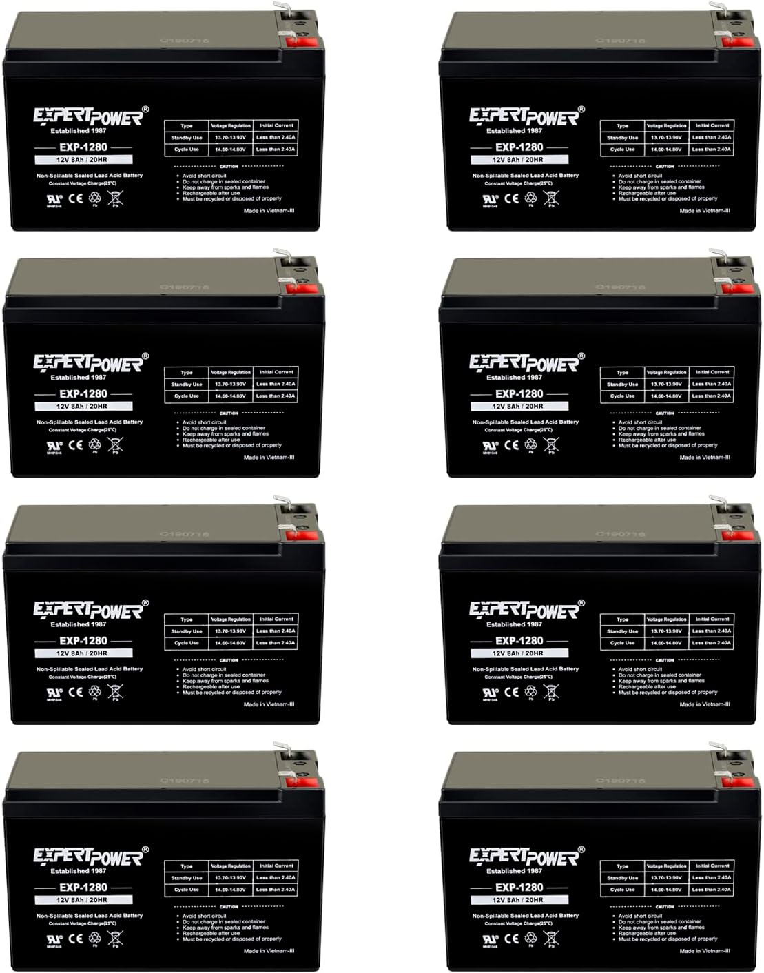 ExpertPower EXP1280 - (8 Pack) 12V 8AH SLA AGM Rechargeable 12V Battery for Ride on Toys, APC Backup UPS Battery Replacement, 12 Volt Batteries for Alarm, Replaces UB1280 with F2 Terminals