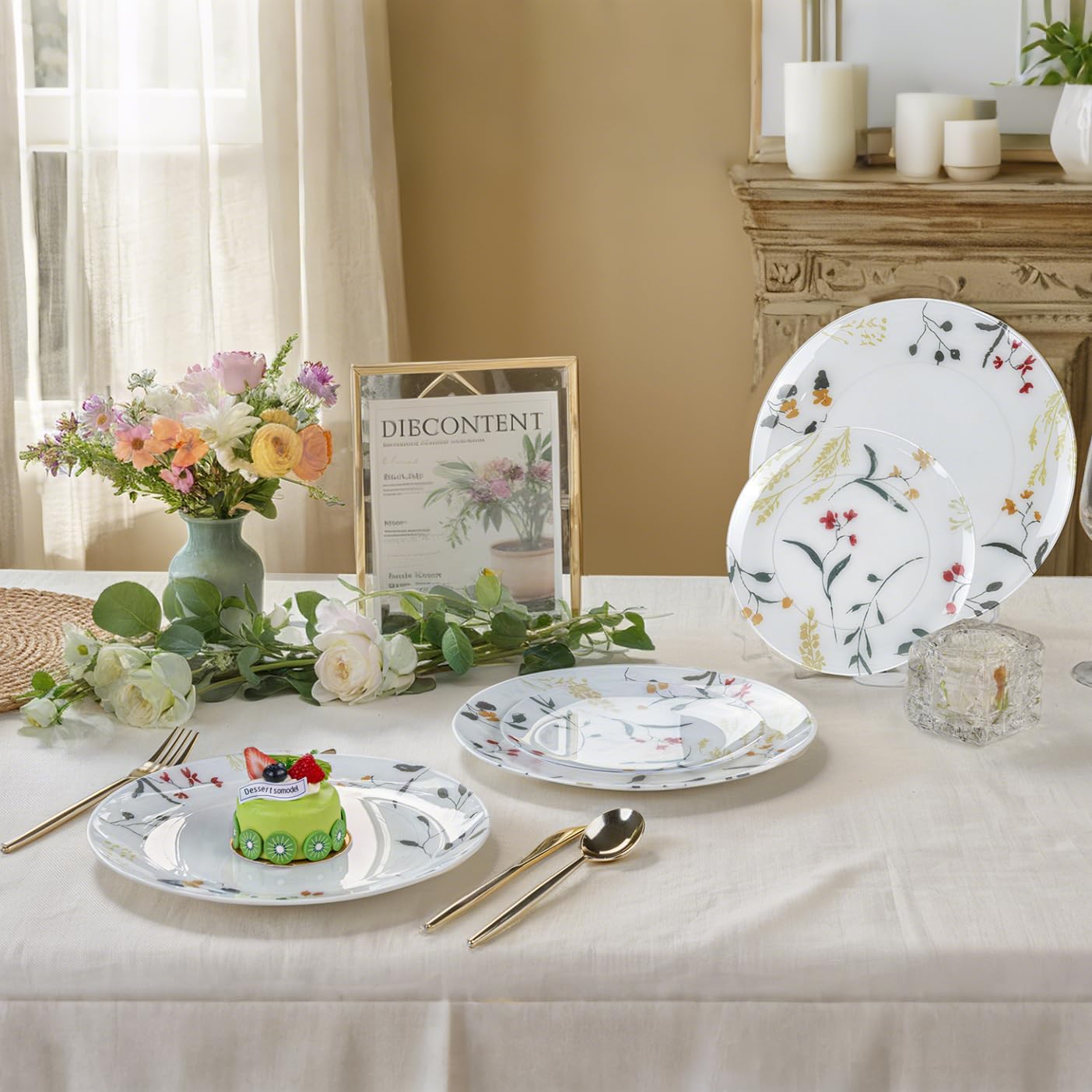 U-QE 20Pcs Wildflower Plastic Plates - Spring Floral Plates Disposable Heavy Duty, Fancy Floral Pattern Perfect for Weddings, Tea Parties, Holidays - 10.25" Dinner Plate & 7.5" Dessert Plate - Image 6