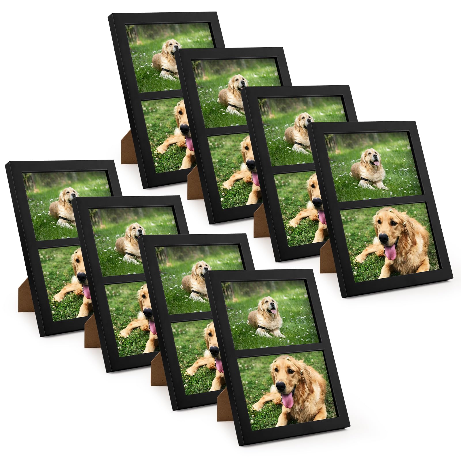 Golden State Art, 5x7 Double Picture Frame, Display Two 5x7 Photos, Solid Wood- Real Glass For Tabletop Or Wall Mounting (Black, 8 Pack)