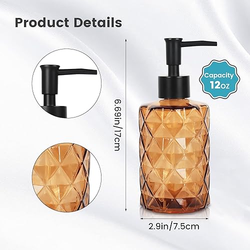 Miniatura 3 de Top-spring Dispensador de jabón de vidrio ámbar de 12 onzas con bomba  Dispensador de jabón de loción recargable con diseño de diamante para baño y