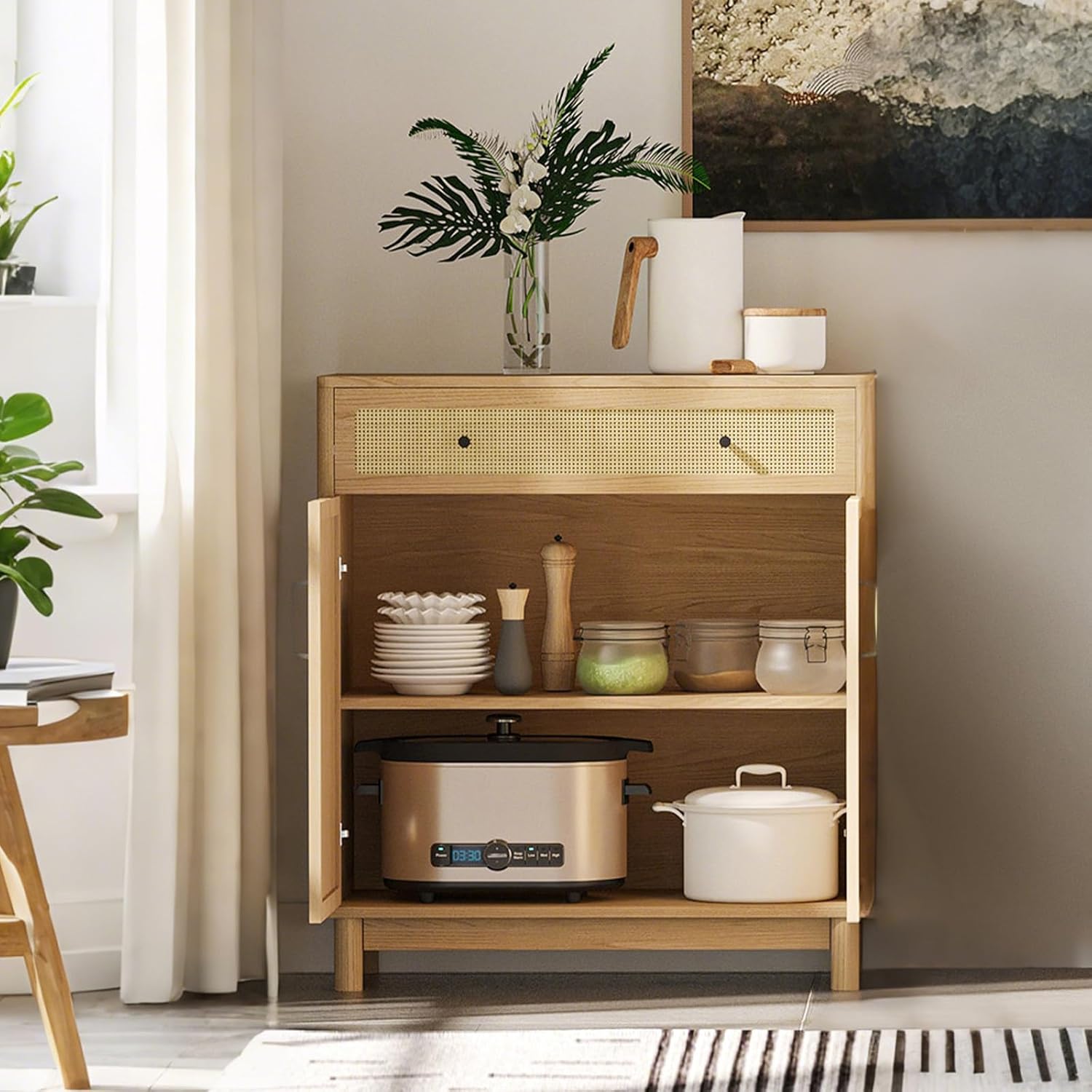 COMHOMA Sideboard Buffet Cabinet with Storage, Modern Wood Versatile Coffee Bar Console Table for Living Room Kitchen, Dining Room, Hallway, Rattan Natural Oak