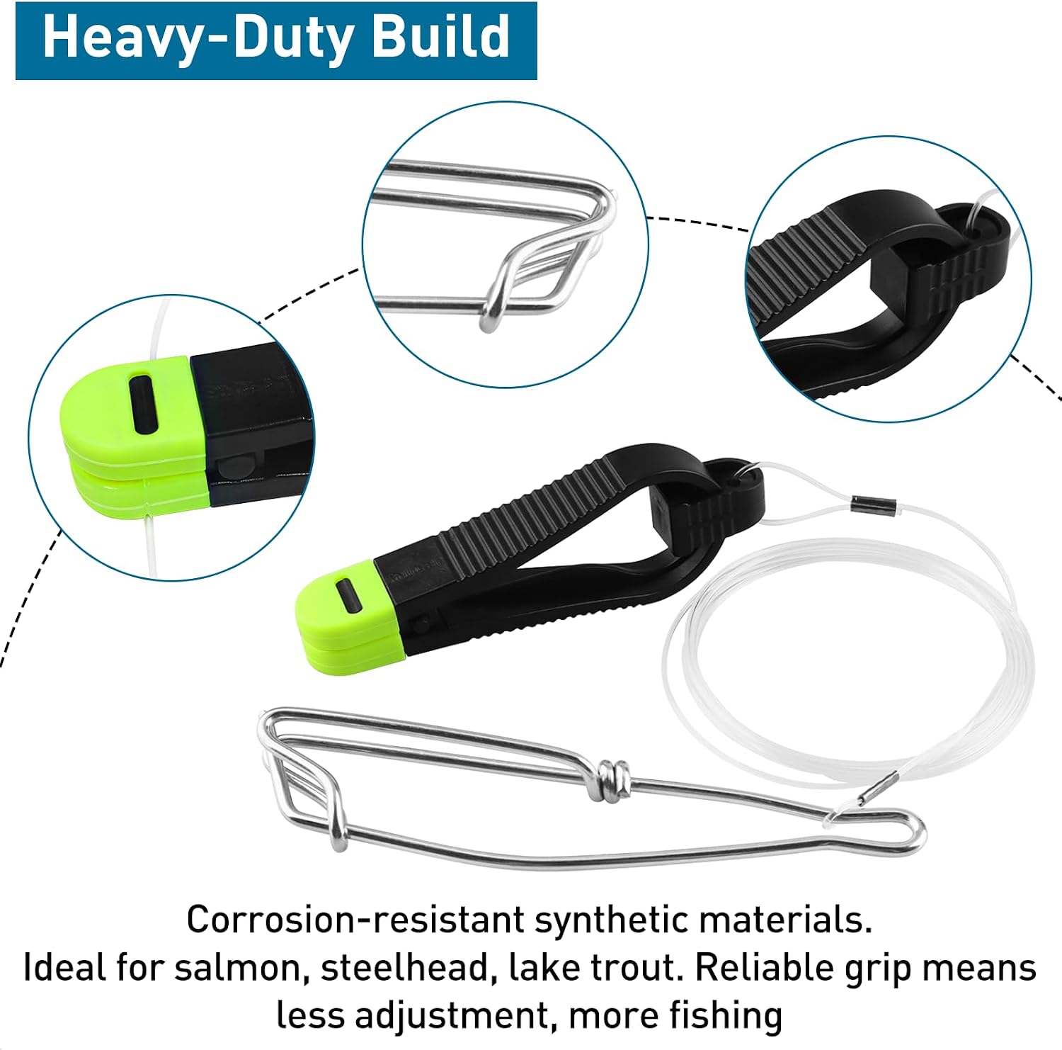 QQZ Downrigger Release Clip, 1173 Power Grip Plus with 48" Leader & Cable Snap, Stacking Self-Locating Snap, Adjustable Tension, No Line Damage, Easy Retrieve for Trolling