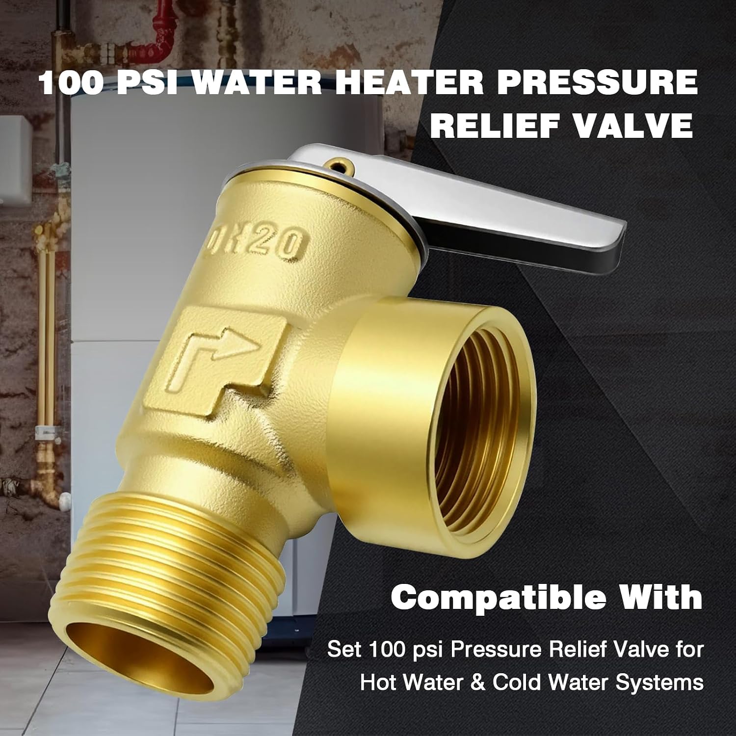100 PSI Water Heater Pressure Relief Valve 3/4" NPT Connection, Max Input 510,000 BTU/h Spring Pressure Release Valve Use for Cold & Hot Water System