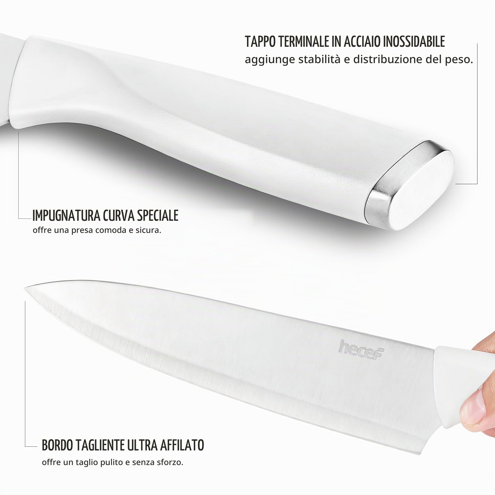 hecef set di 7 di pezzi coltelli con ceppo in legno e forbici da cucina, manico speciale curvo, Set di coltelli acciaio inox per chef e appassionati di cucina, bianco