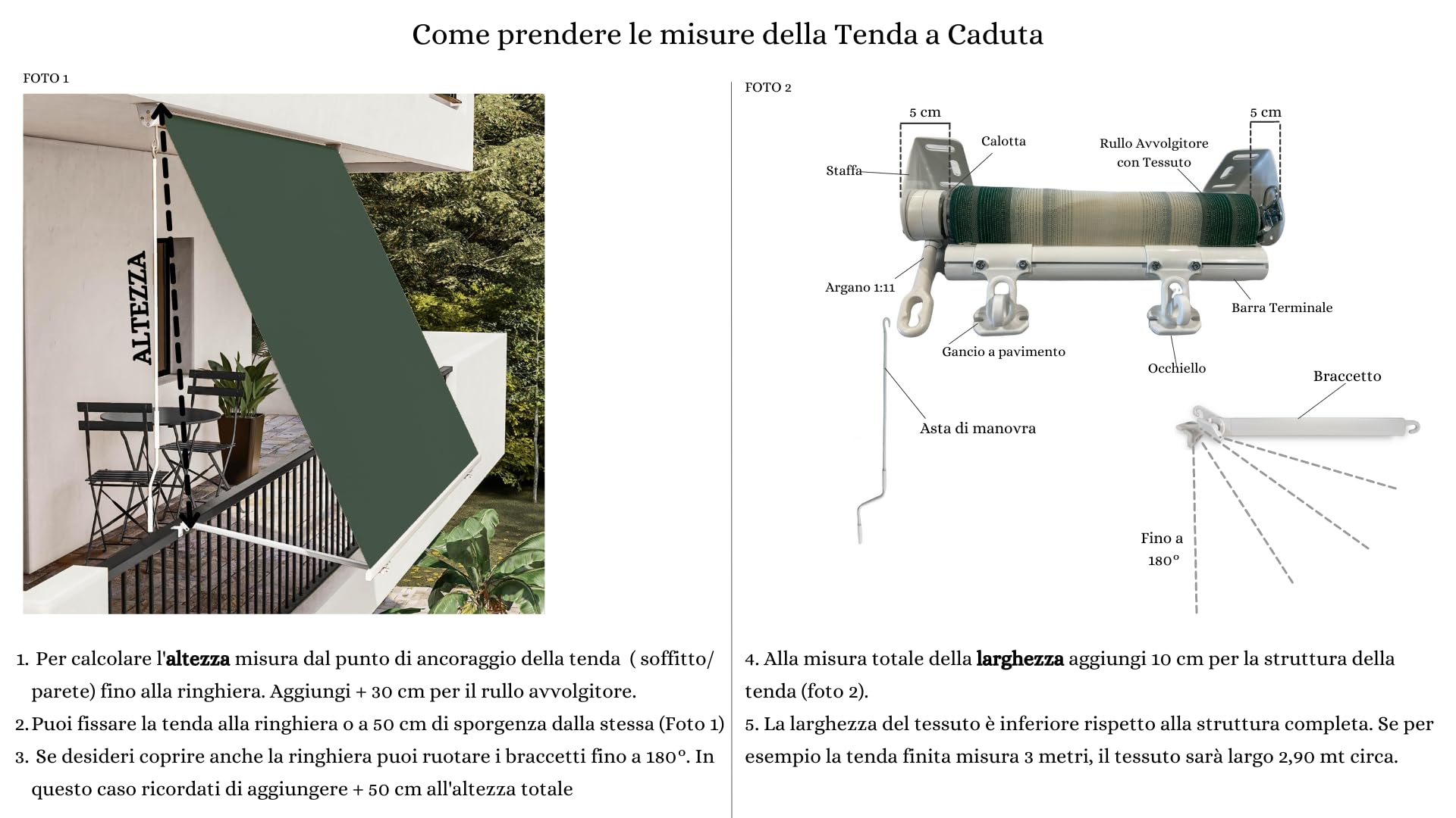 TENDAGGIMANIA Tenda da Sole a Caduta Verticale L.180cm x H.200cm | Tempotest, Caduta Verticale con Bracci, Kit Montaggio e Asta di Manovra, A Rullo per Esterno
