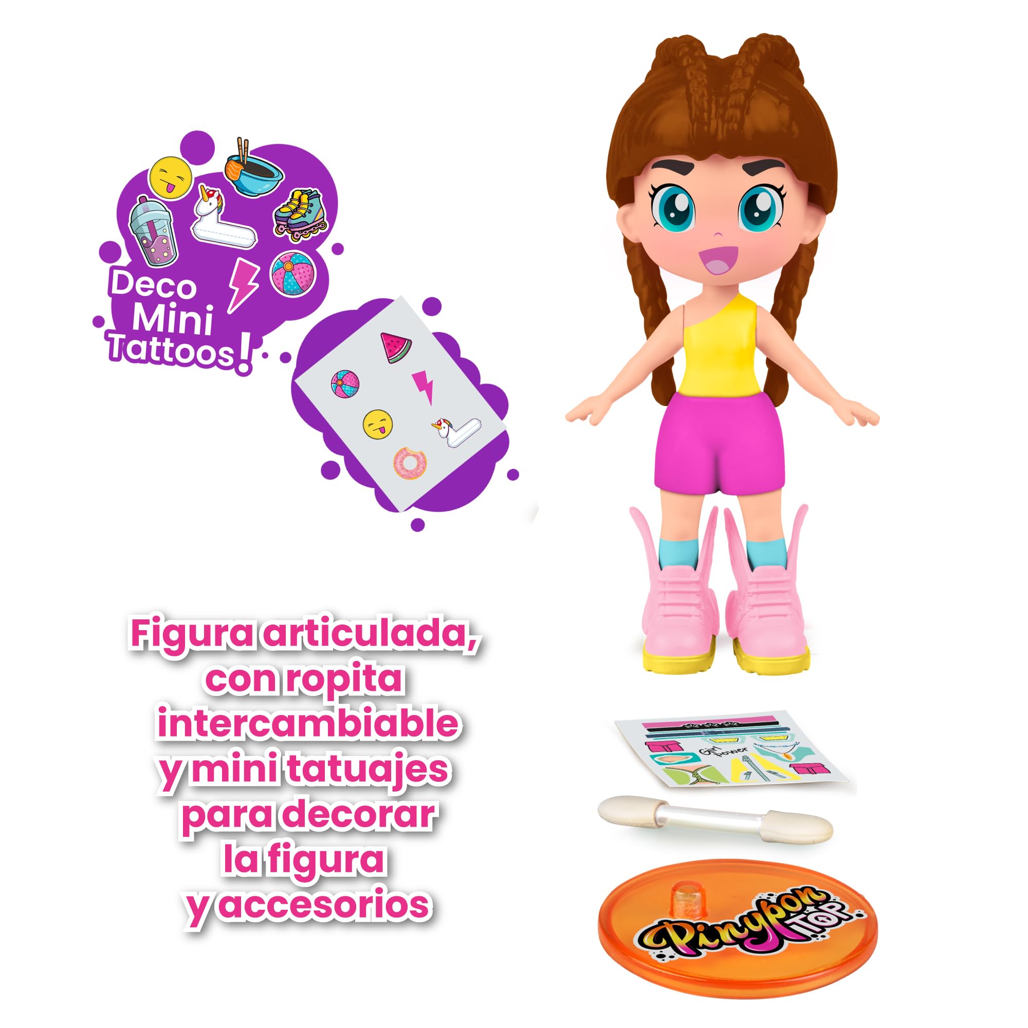 Pinypon TOP Girls Brunette, Chica TOP Morena con Outfit de Street Style, Figura de 11 cm Articulada de Brazos y Piernas, Doble Cara y Ropa y Zapatos Intercambiables, +4 años, Famosa (PNN00200)