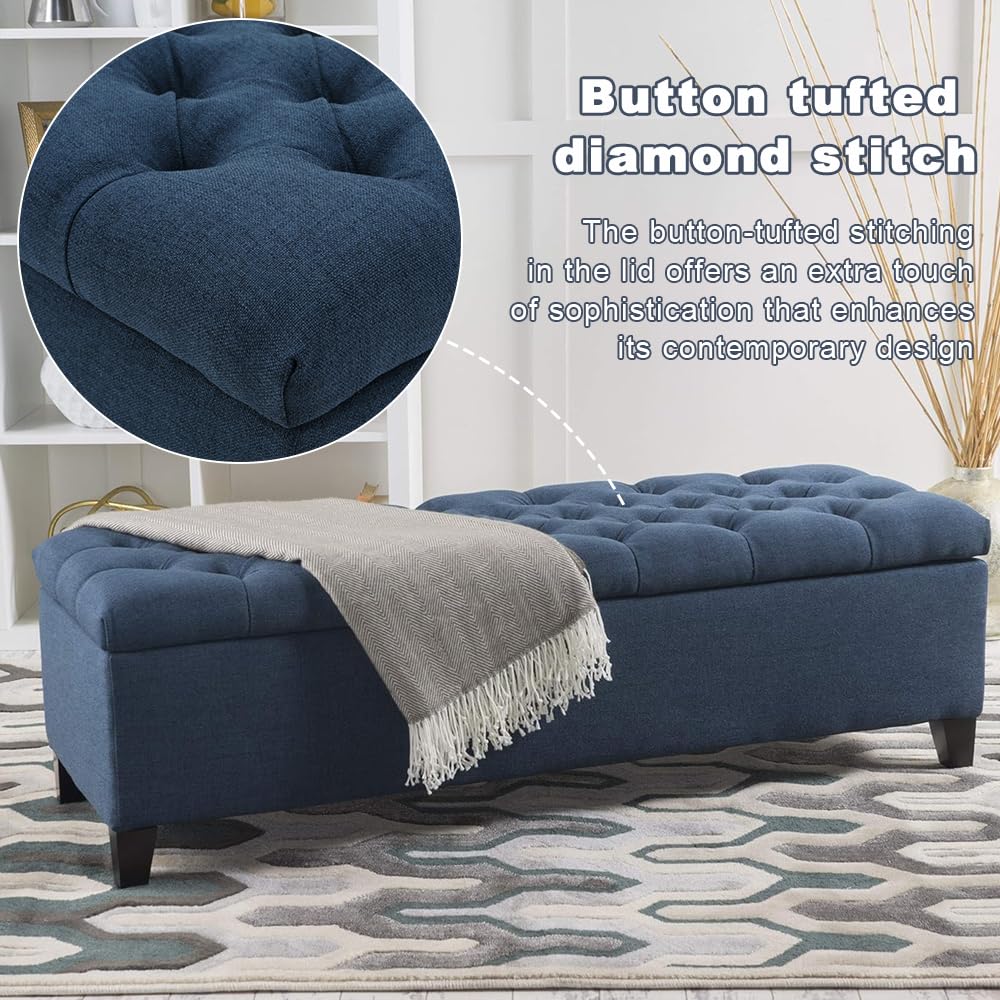 Condition photo showing Good Condition for Fabric Storage Ottoman Bench,Navy Blue Storage Chest,Button Tufted Ottoman with Storage for Living Room,Bedroom,Entry Ways