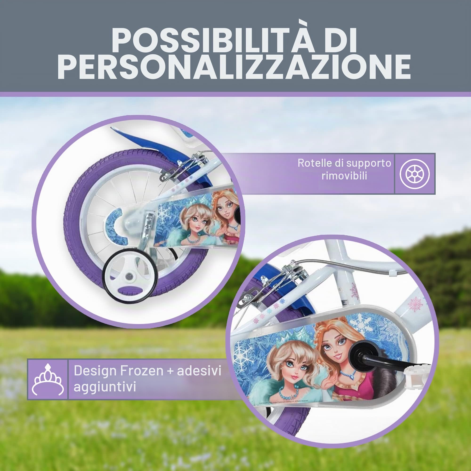 Dino Bikes - Bicicletta per bambini Frozen - Bicicletta da ragazza con ruote di supporto rimovibili a partire dai 2 anni - Bicicletta per bambini con cestino anteriore e supporto per bambole, altezza