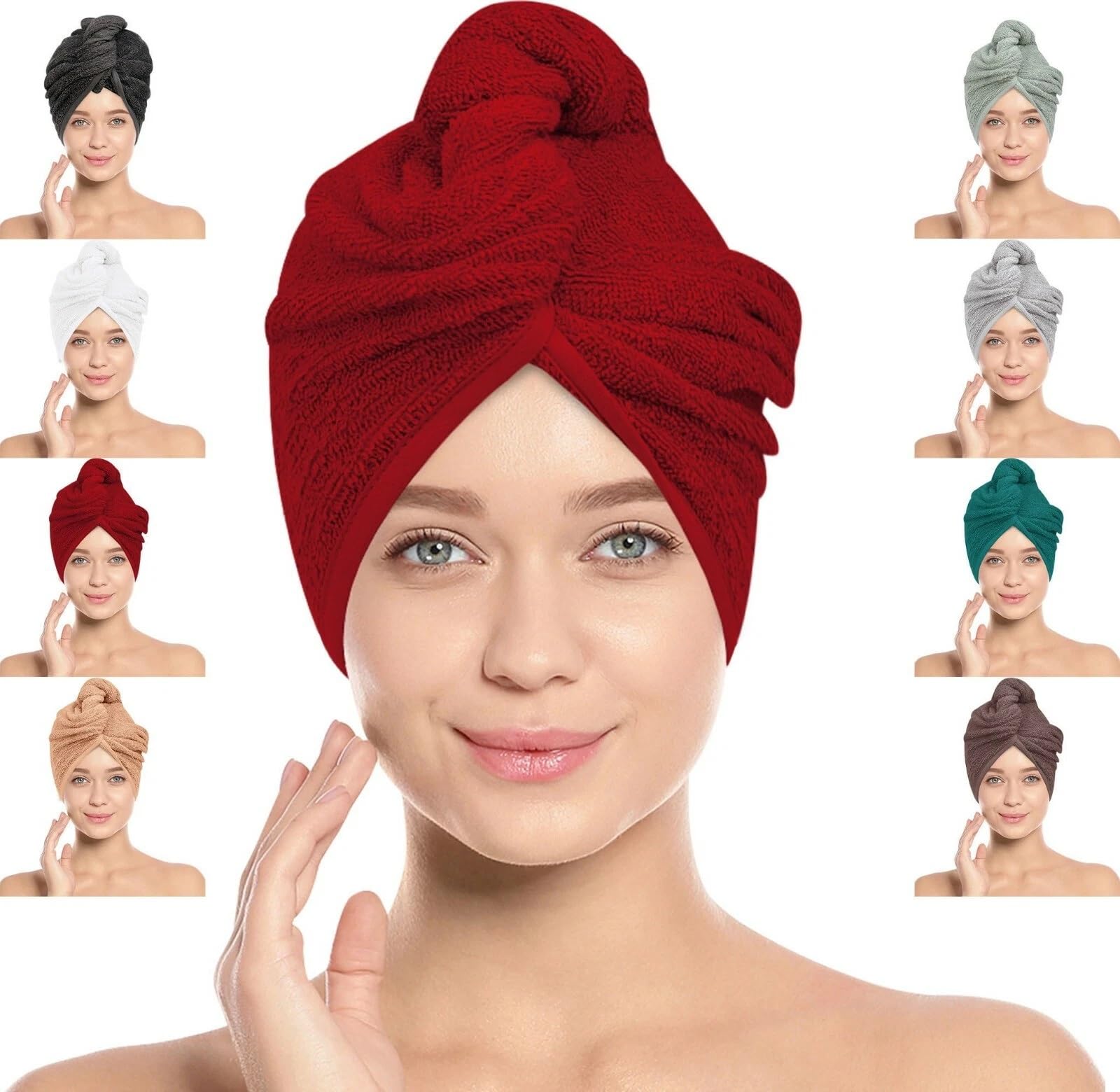 BAVIN Hair Towel Wrap, 100% Pure Cotton, Rapid-Dry Hair-Drying Turban, Ultra Soft and Quick Drying Absorbent, Anti Frizz Hair Large Towel with Button Loop, 66cm x 26cm (Red, Pack of 2)