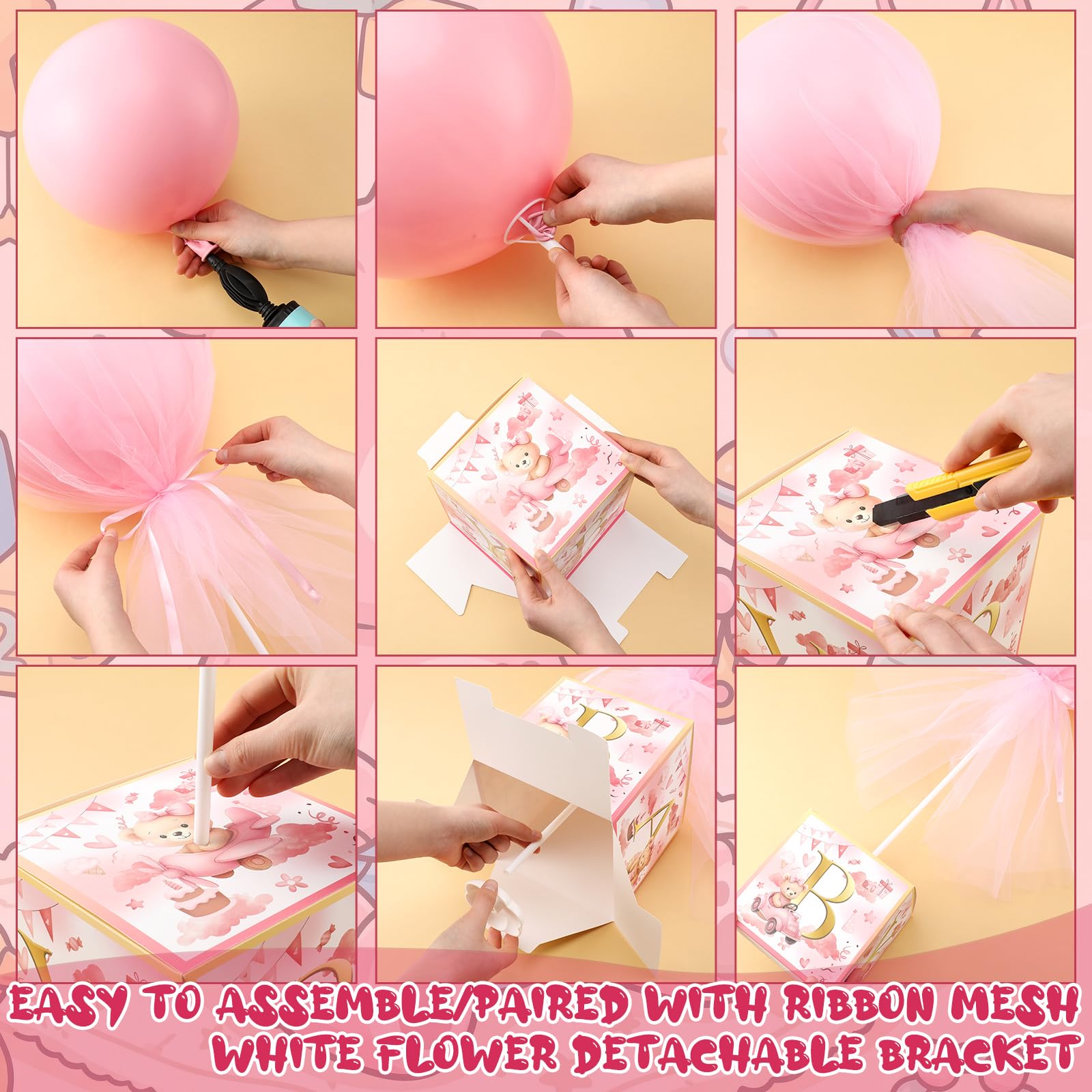 Outus 8 Sets Rosa Bär Babyparty Dekorationen mit Buchstaben Boxen für Babyparty Tisch Mittelstücke Stoffbären Ballon Rosa Boxen mit Ständer Bär Plüschtier Bären für Geschlecht Enthüllung Geburtstag