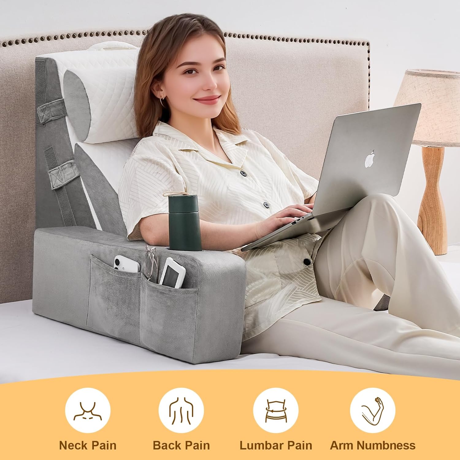 Reading Pillow for Sitting in Bed Adult, Back Pillow for Bed Sitting up with Arms, Pockets and Cup Holder, Sit Up Backrest Pillows for Beds Chair Support, Beds Rest Pillow for Gaming, Watching TV