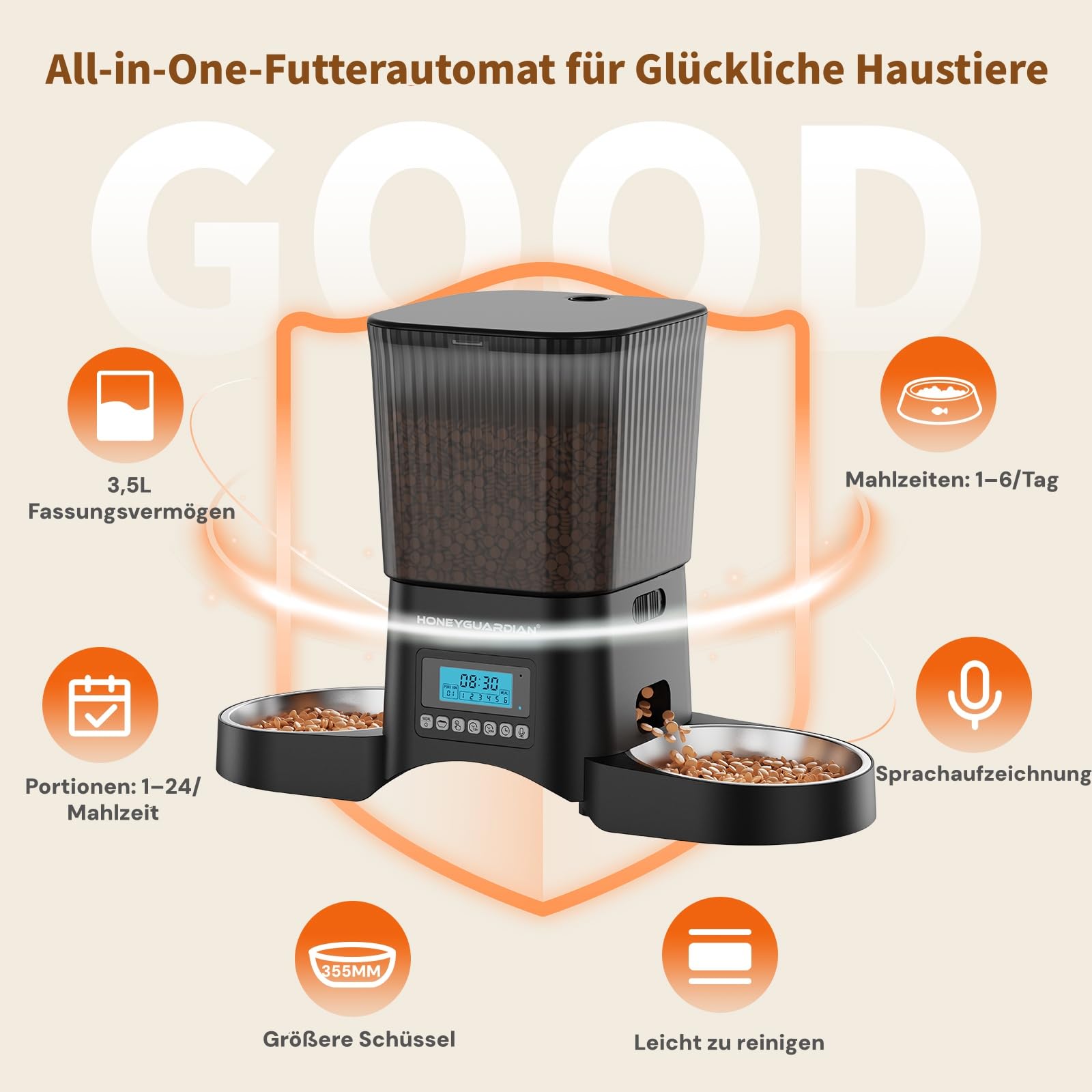 HoneyGuaridan Futterautomat Katze 2 Näpfe, Futterspender für 2 Katzen, Katzenfutter Automat mit 304 Edelstahlnapf, 3.5L Trockenfutter Automat für Katzen, 1-6 Mahlzeiten/Tag, Dual-Stromversorgung