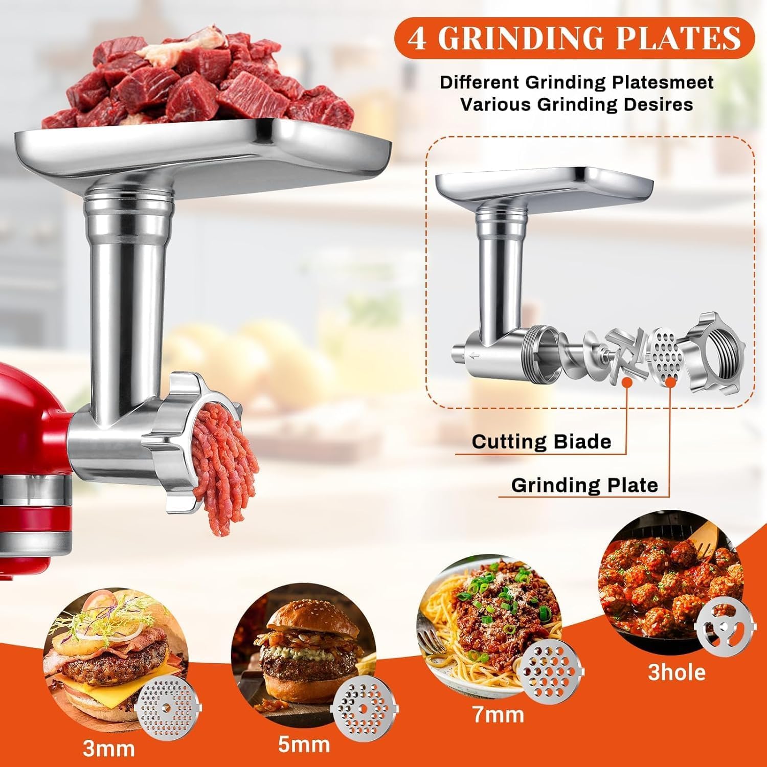 Accesorio picador de carne para batidora de pie Kitchenaid, con 3 cuernos para embutir salchichas, 3 cuchillas para picar, 4 discos para picar y prensa para hamburguesas (acero inoxidable)