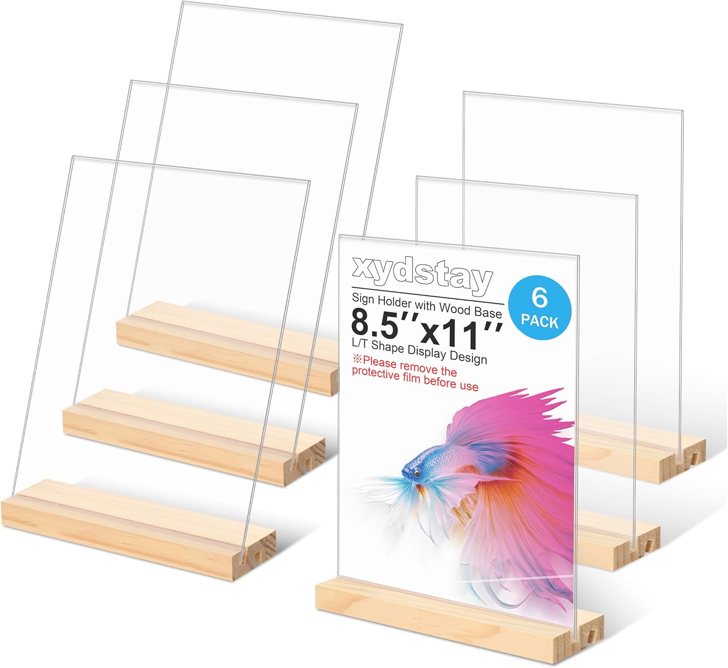 xydstay 6pack 8.5x11 Acrylic Sign Holder with Wood Base for Picture Frames,L/T Shape Double Slot Design for Vertical or Slant Back Display, for Restaurant, Office, School, Store and Home Use