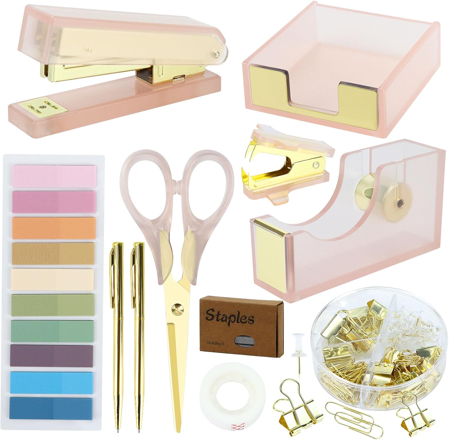 Buqoo Pink Gold Acrylic Office Set 11 in 1 - Desk Essentials with Stapler, Tape Dispenser, Staple Remover, Scissor & More - Office Supplies Kit for Women, Teachers, School & Home