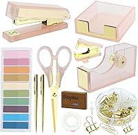 Vista 10 de Buqoo Porta notas adhesivas acrílicas doradas con 5 paquetes de notas adhesivas, grapadora y dispensador de cinta con removedor de grapas, tijera