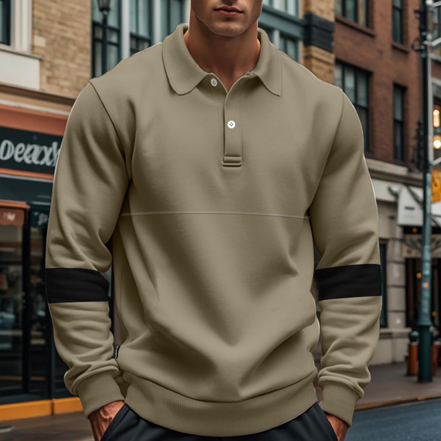 Mens Quarter Sweatshirt Casual Long Sleeve Polo Collar Quilted Sweatshirt Striped Button Pullover Shirts - Image 3