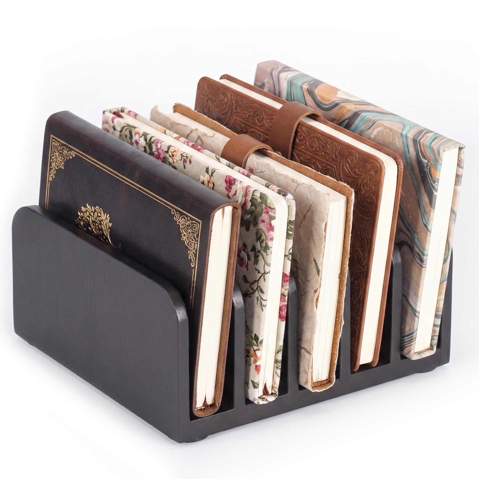 Lineshading Bamboo Letter Organizer, 5 Compartments Desk Mail Organizer, Desktop Envelope Holder and Letter Sorter, Countertop Paper File Holders with Anti Slip Mat for Home Office(Black)