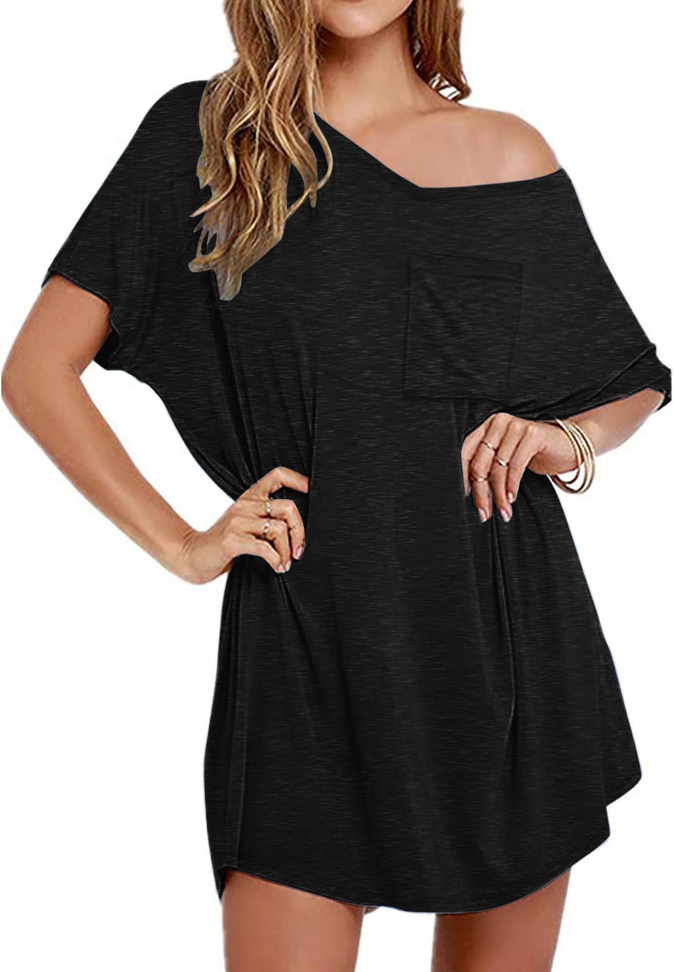 Ekouaer Womens Tshirt Nightgown Cotton V Neck Sleepshirts Comfy Casual Cover Ups for Women, Black, S