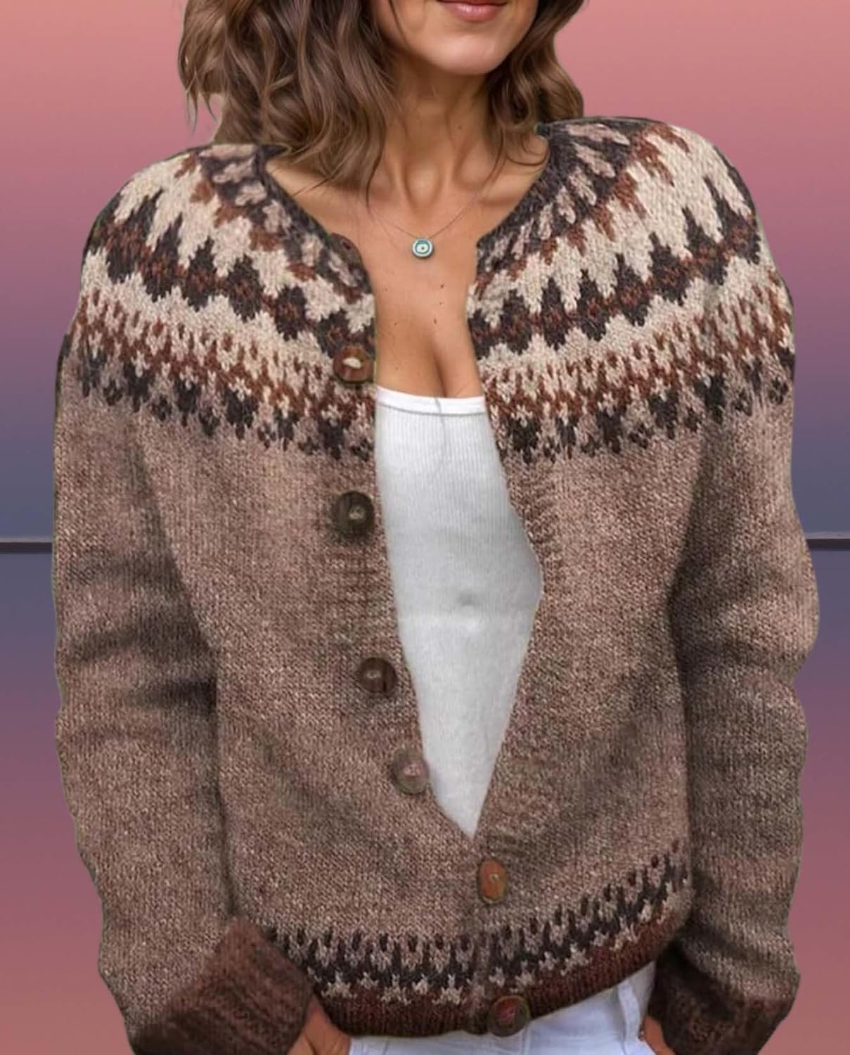 Women's Fair Isle Pattern Knit Cardigan Sweater Vintage Button Down Open Front Jacket Coat for Fall & Winter 2025 - Image 7