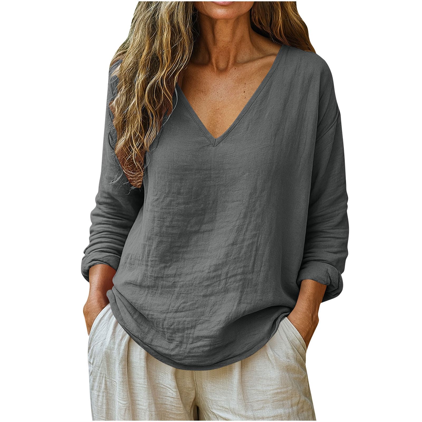 Linen Shirts for Women Long Sleeve V Neck Loose Tops Summer Beach Boho Casual Peasant Blouse — view 14