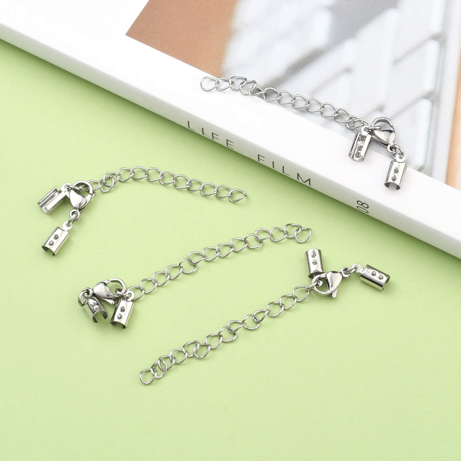 LiQunSweet 20 Sets Stainless Steel Cord End Clasps With Extender Chains - Perfect For DIY Jewelry
