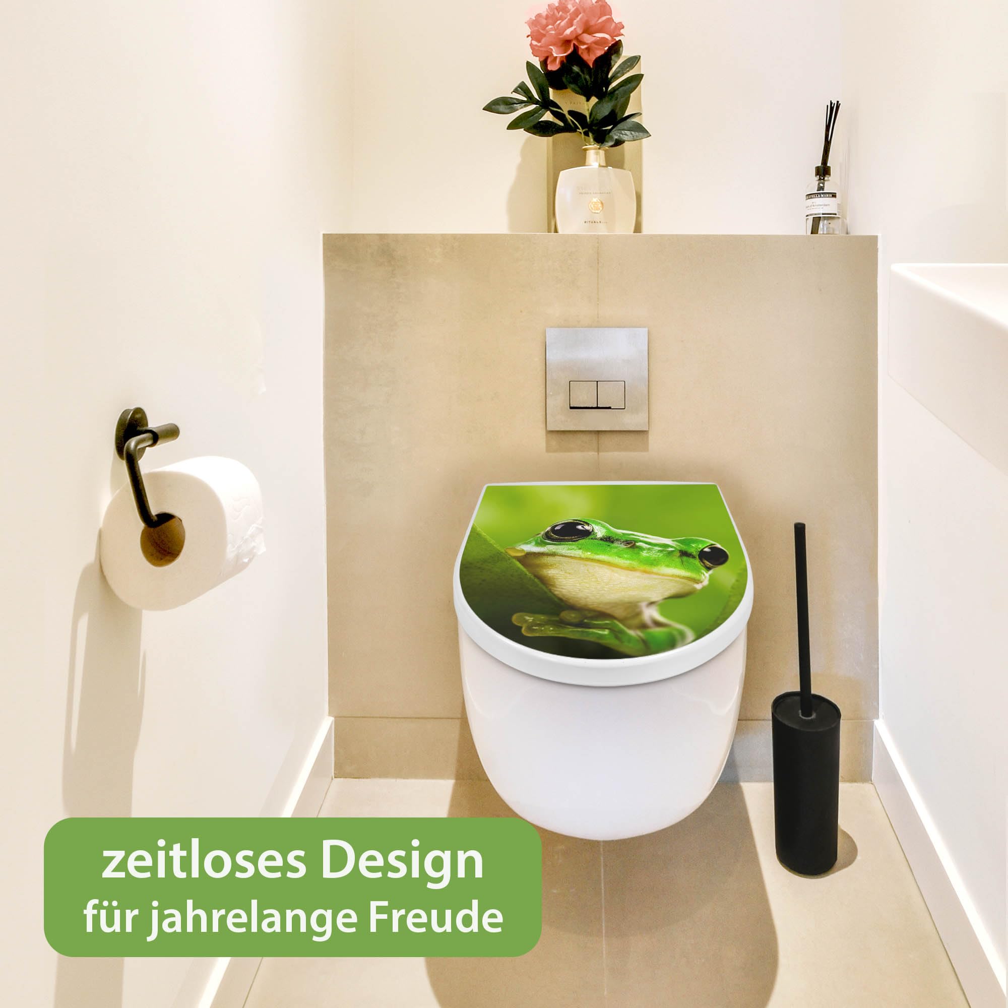 banjado WC Sitz mit Absenkautomatik D Form - Toilettendeckel mit Absenkautomatik D Form - Klodeckel Softclose - stabile Klobrille - Toilettensitz Weiß - Motiv Frosch