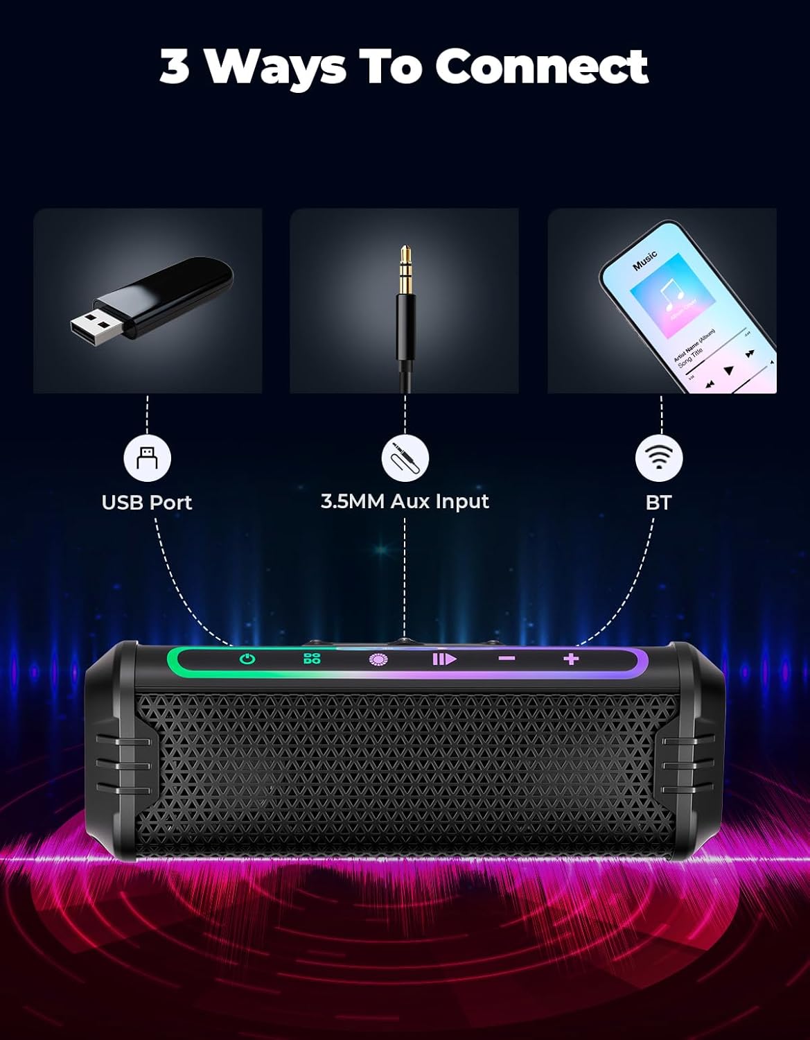KEMIMOTO Motorcycle Speakers Bluetooth-Compatible Waterproof Radio ATV Sound Bar,AUX in,USB Sound System,RGB Lighting,7/8-1.25 in. Handlebar Speaker Aluminum Alloy