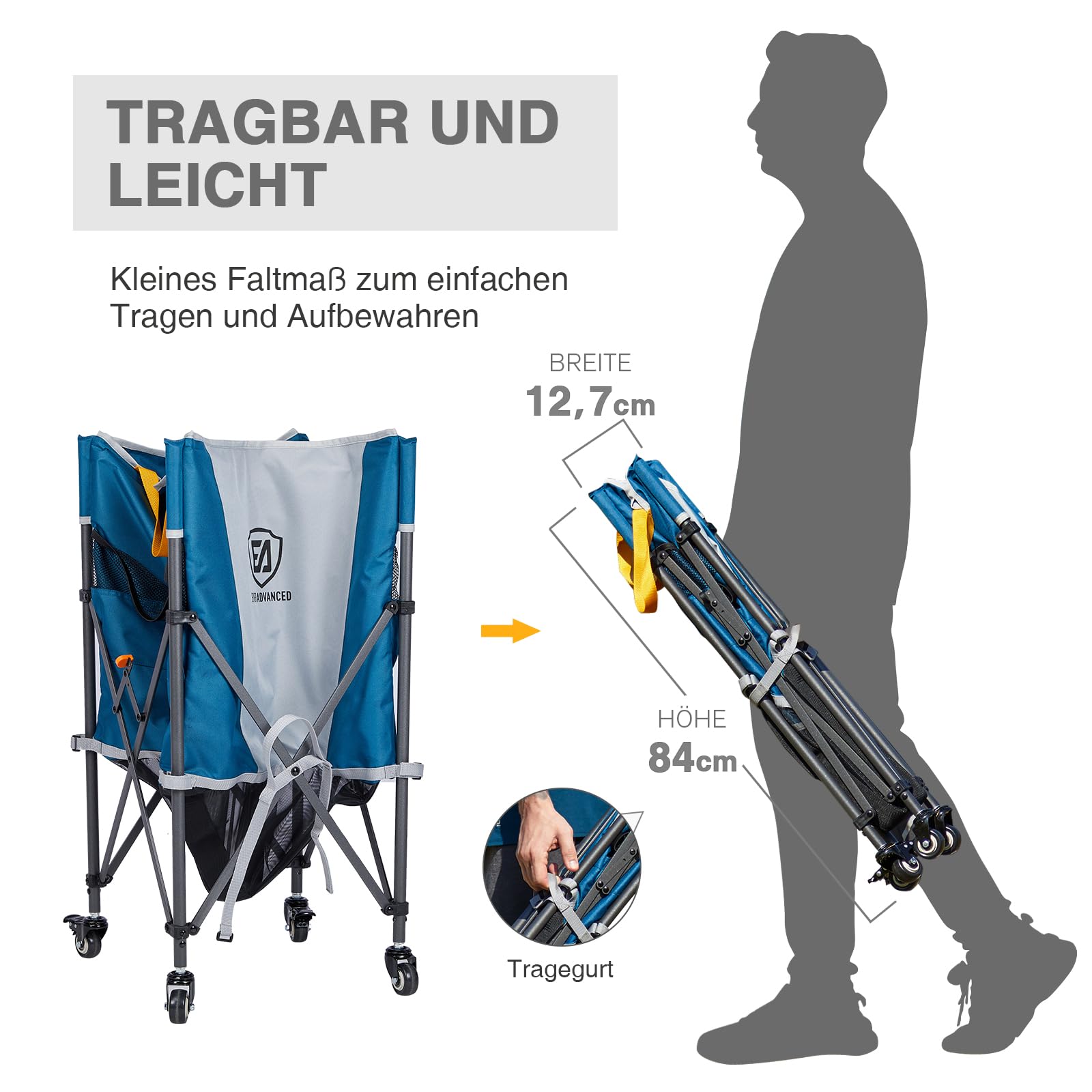 EVER ADVANCED Rolling Ballwagen faltbar mit Tragegurt Seitentasche Aufbewahrungswagen mit Rädern Sportgeräte 47x58x58cm für Volleyball Basketball Fußball Tennis Baseball