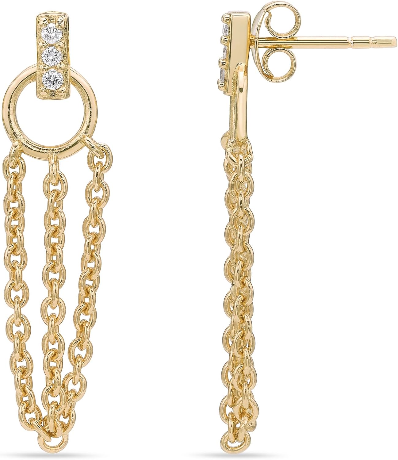 Lavari Jewelers 1/10 Carat Lab Grown Diamond Dangle Chain Earrings for Women - 18k Yellow Gold Plated Sterling Silver 13.1mm Dangle Earrings for Her - Hypoallergenic Push Back Drops - Modern Design - Image 3