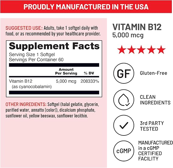 NatureWise Vitamin B12 5000 mcg - Extra Strength - Supplement for Supporting Energy Levels, Mental Clarity, Nervous System Health - Easy-to-Swallow, Soy and Gluten-Free, Non-GMO - 60 Softgels