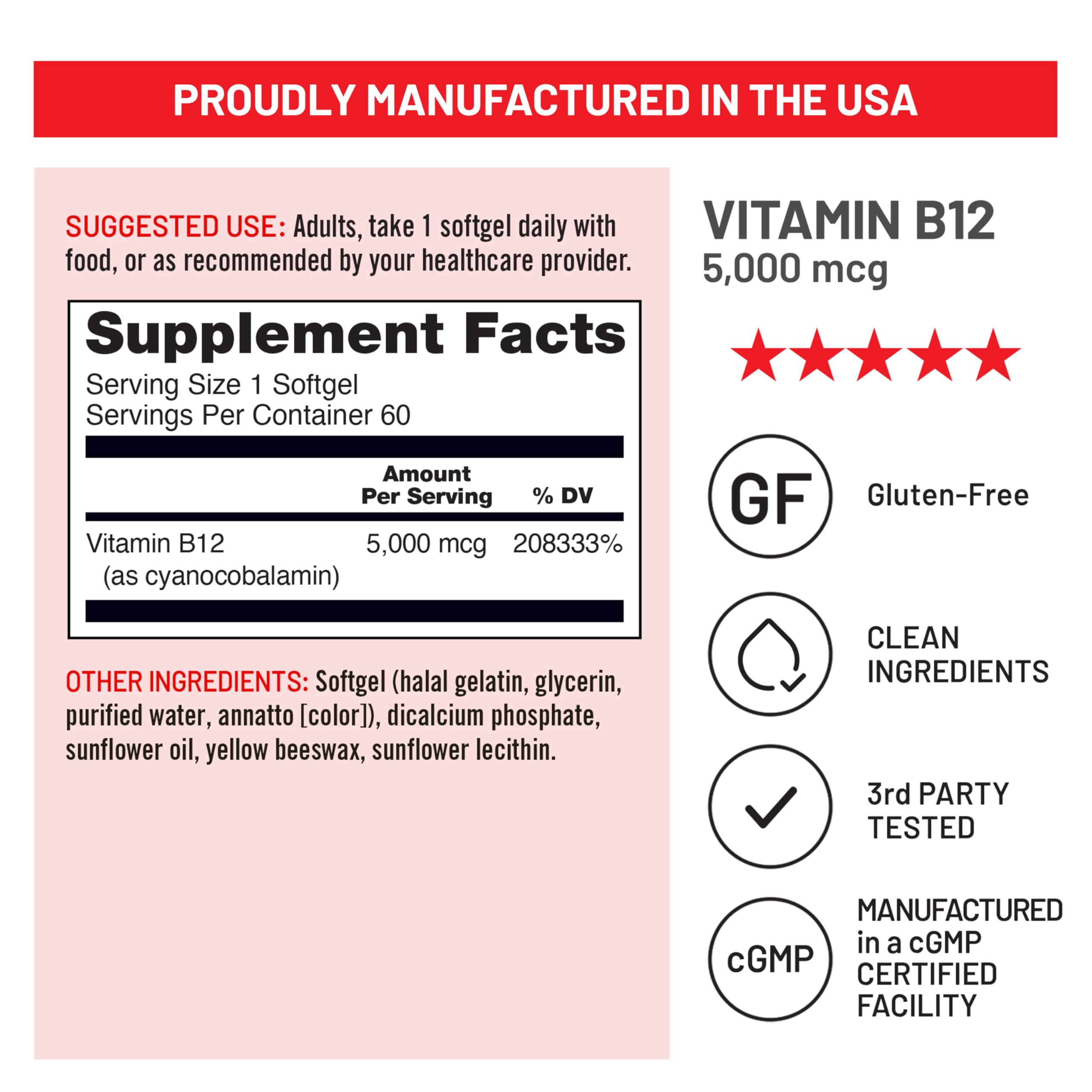 NatureWise Vitamin B12 5000 mcg - Extra Strength - Supplement for Supporting Energy Levels, Mental Clarity, Nervous System Health - Easy-to-Swallow, Soy and Gluten-Free, Non-GMO - 60 Softgels — Amazon image 6