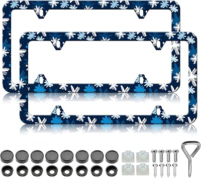 HCSS Blue Flowers Graffiti License Plate Frames - 2 Pack Cute Floral Leaves Aluminum Metal License Plate Holder,Rust-Proof Waterproof Car Decorative Tag Frames for Standard US 12x6 Inch