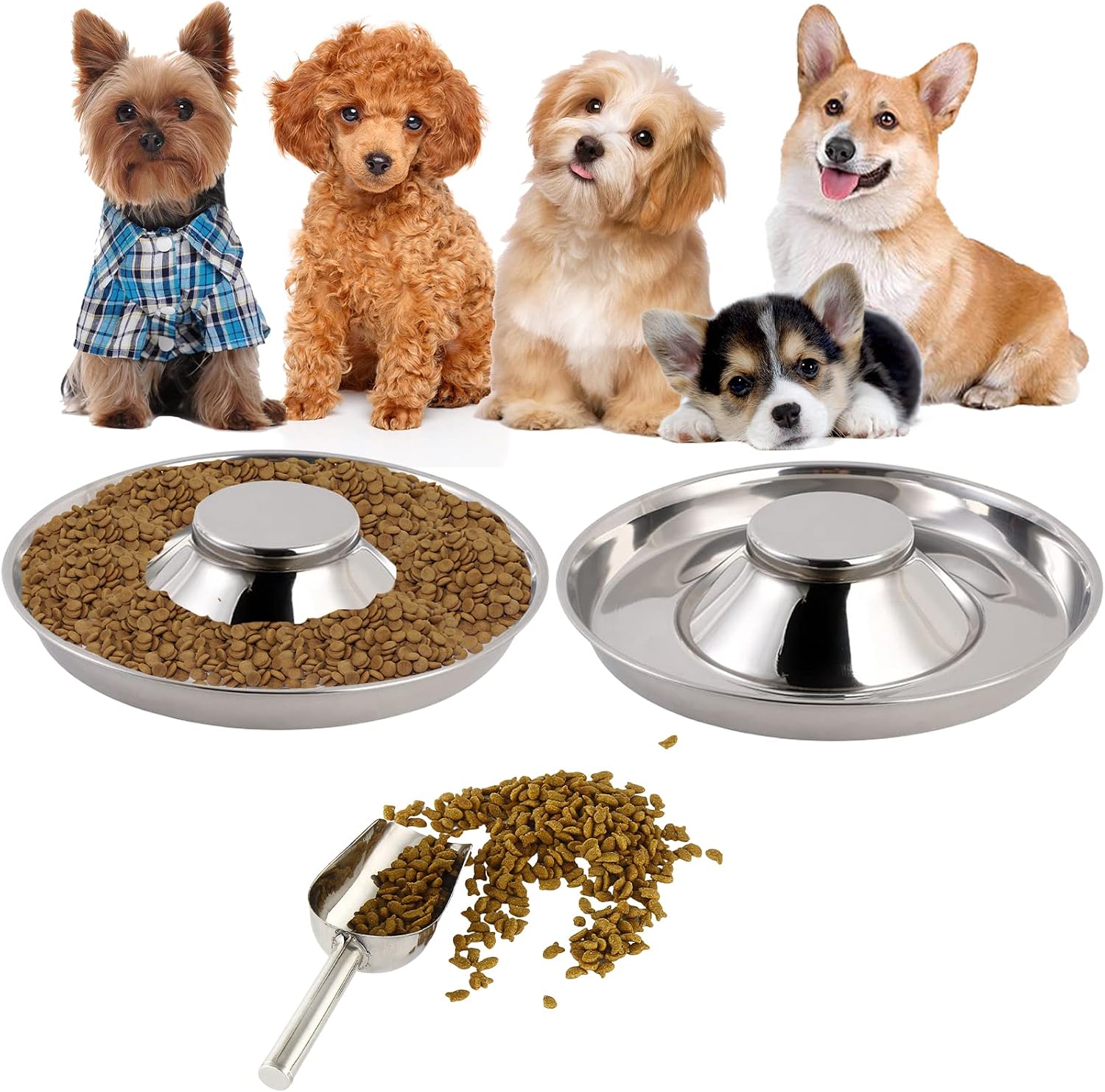 Fhiny 2Pack Stainless Steel Puppy Bowls, Pet Weaning Feeding Dish with Scoop for Litters Pets Silver Dog Food and Water Slow Feeder Bowl…