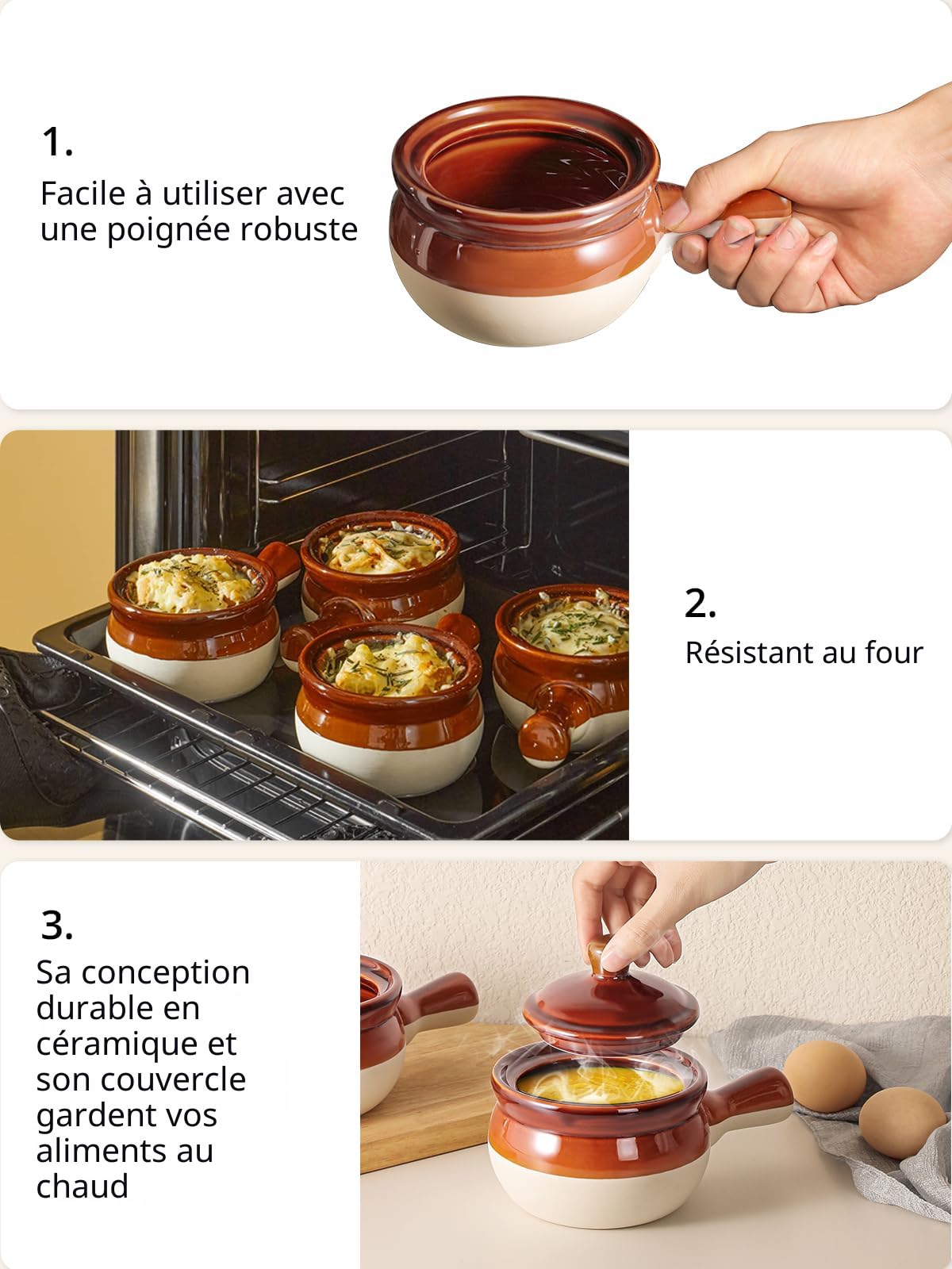 ONEMORE Bols à soupe aux oignons français, résistants au four avec poignées, 820 g - Grands bols en céramique pour chili, ragoût de bœuf, céréales, tourtes, casseroles - Style ferme - Passe ONEMORE Bols à soupe aux oignons français, résistants au four avec poignées, 820 g - Grands bols en céramique pour chili, ragoût de bœuf, céréales, tourtes, casseroles - Style ferme - Passe